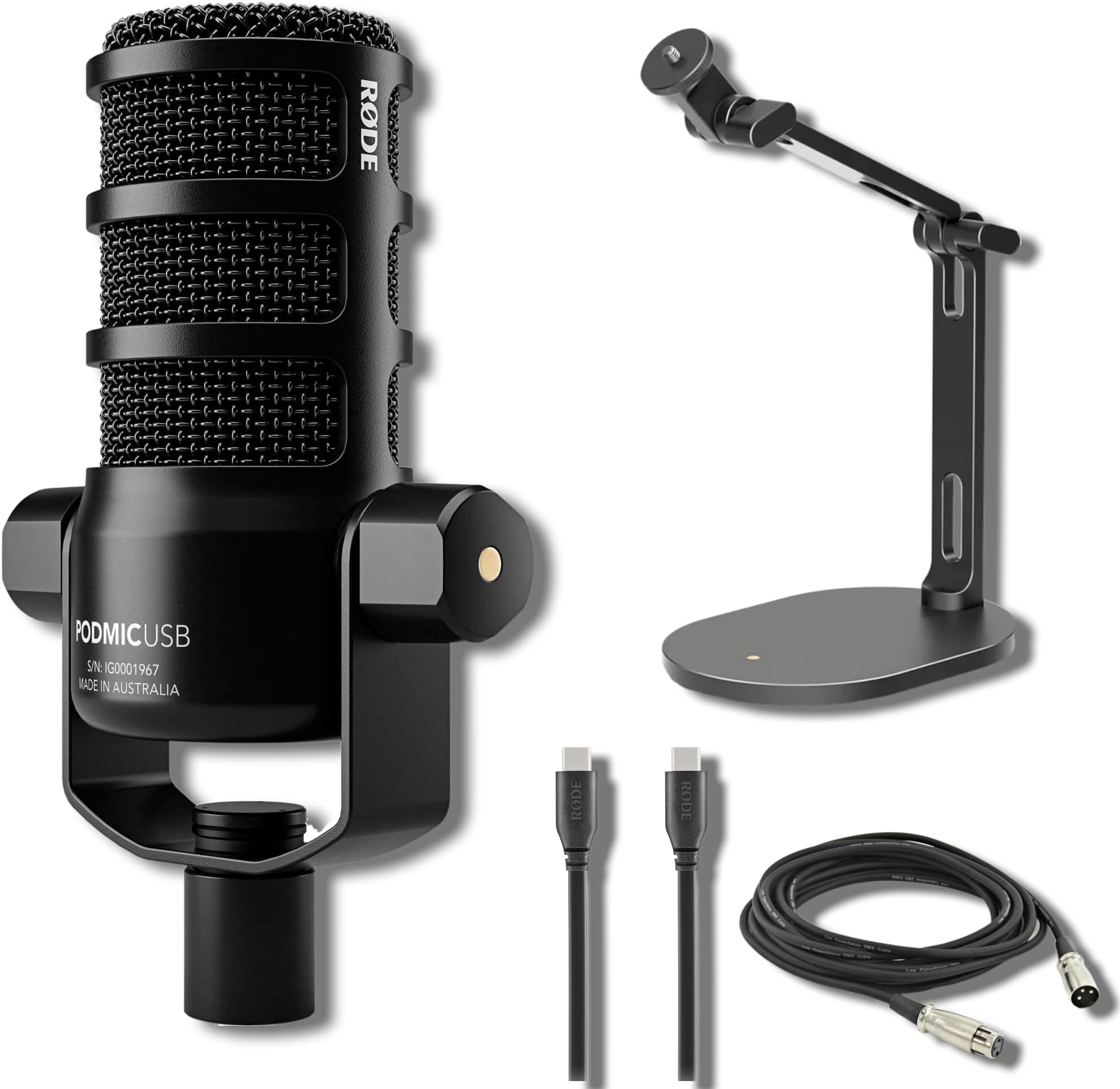 Rode PodMic USB and XLR Dynamic Broadcast Microphone with Rode Desk Stand 2 (DS2), XLR Cable, and StreamEye Polishing Cloth