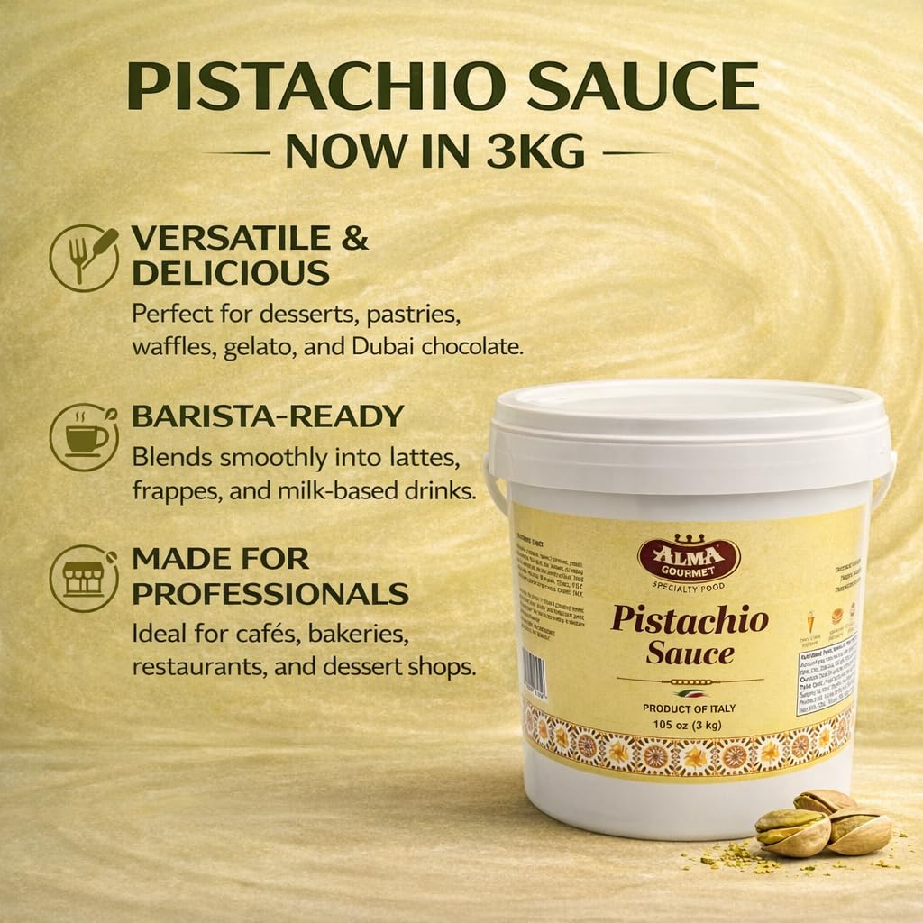 Alma Gourmet Sicilian Pistachio Sauce – 3kg (6.6 lb) Bulk Tub – Pistachio Dessert Topping & Drizzle for Coffee, Ice Cream, Pastries & Dubai Chocolate – Food Service for Cafés & Bakeries