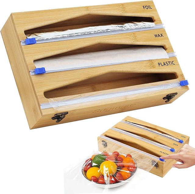 boyunbest Cling Film Dispenser and Cutter, Plastic Wrap, Aluminum Foil and Wax Paper Dispenser for Kitchen, Bamboo Roll Organizer Holder, Compatible with 12" Roll (3 in 1)