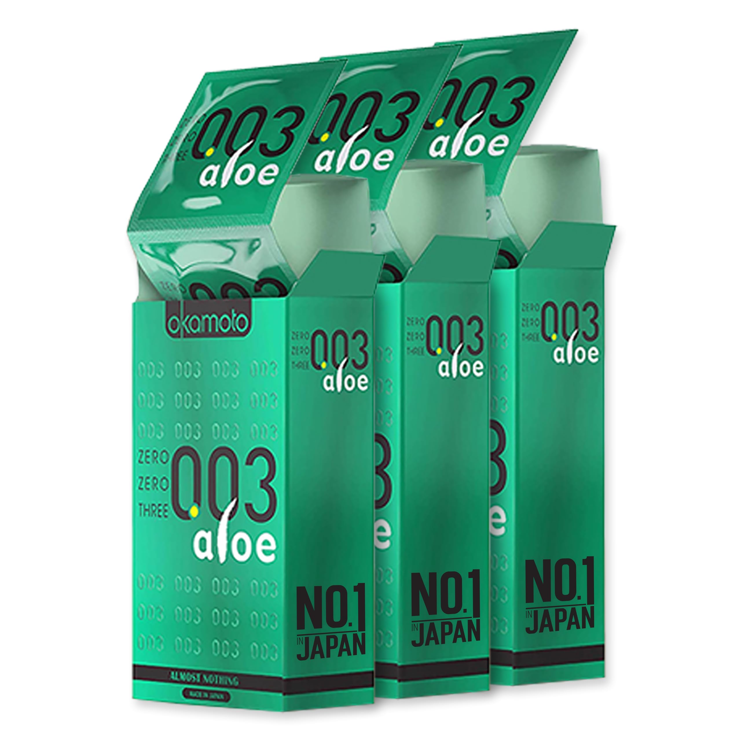 Okamoto 003 Japan’s Best Aloe Condoms | Only Natural Water Based Lube Condom in India |Thinnest Premium Condoms for Men - Made In Japan | 0.03 mm thin Extra Lubricated (Pack of 3) | 30s Condoms