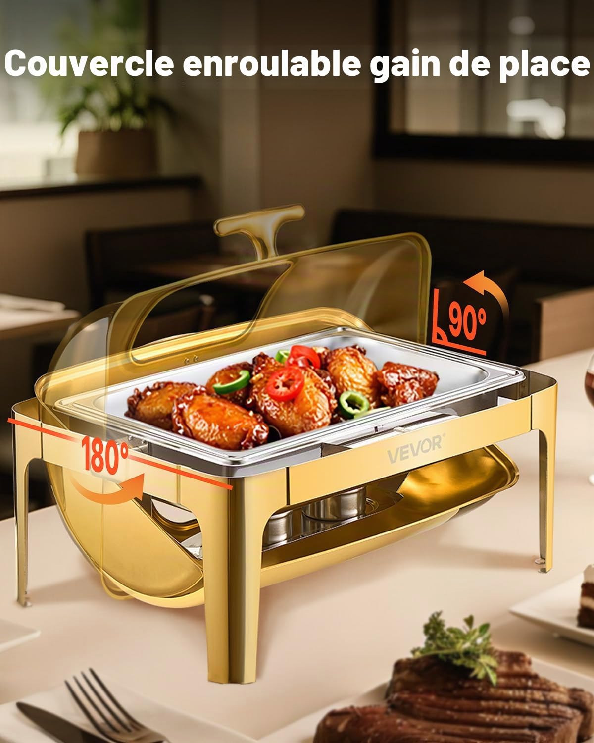 VEVOR Chauffe-Plat Rectangulaire 8,5 L, Buffet Chauffant avec Couvercle Rabattable Visible, Réchaud en INOX avec Bac Pleine Taille, pour Buffet Libre-Service Hôtel Traiteur Restauration, Doré