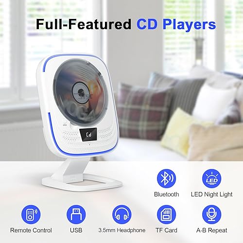 Miniatura 6 de Reproductor de CD portátil con Bluetooth 5.0, reproductor de CD Boombox altavoces estéreo de alta fidelidad, radio FM de escritorio montado en la