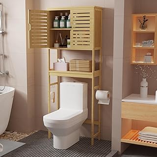 Medla Bathroom Storage Shelf Cabinet: 2-Tier Bamboo Over-the-Toilet Rack Floor Washing Machine Organizer Rack with Cabinet Free Standing Shelving Unit 63x27x174cm