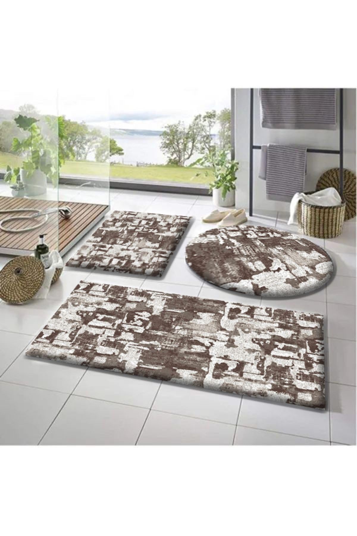 Rachel Carpet 3'lü Banyo Paspası Desenli Peluş Banyo Halısı Peluş Desenli Krem Rengi Banyo Paspası
