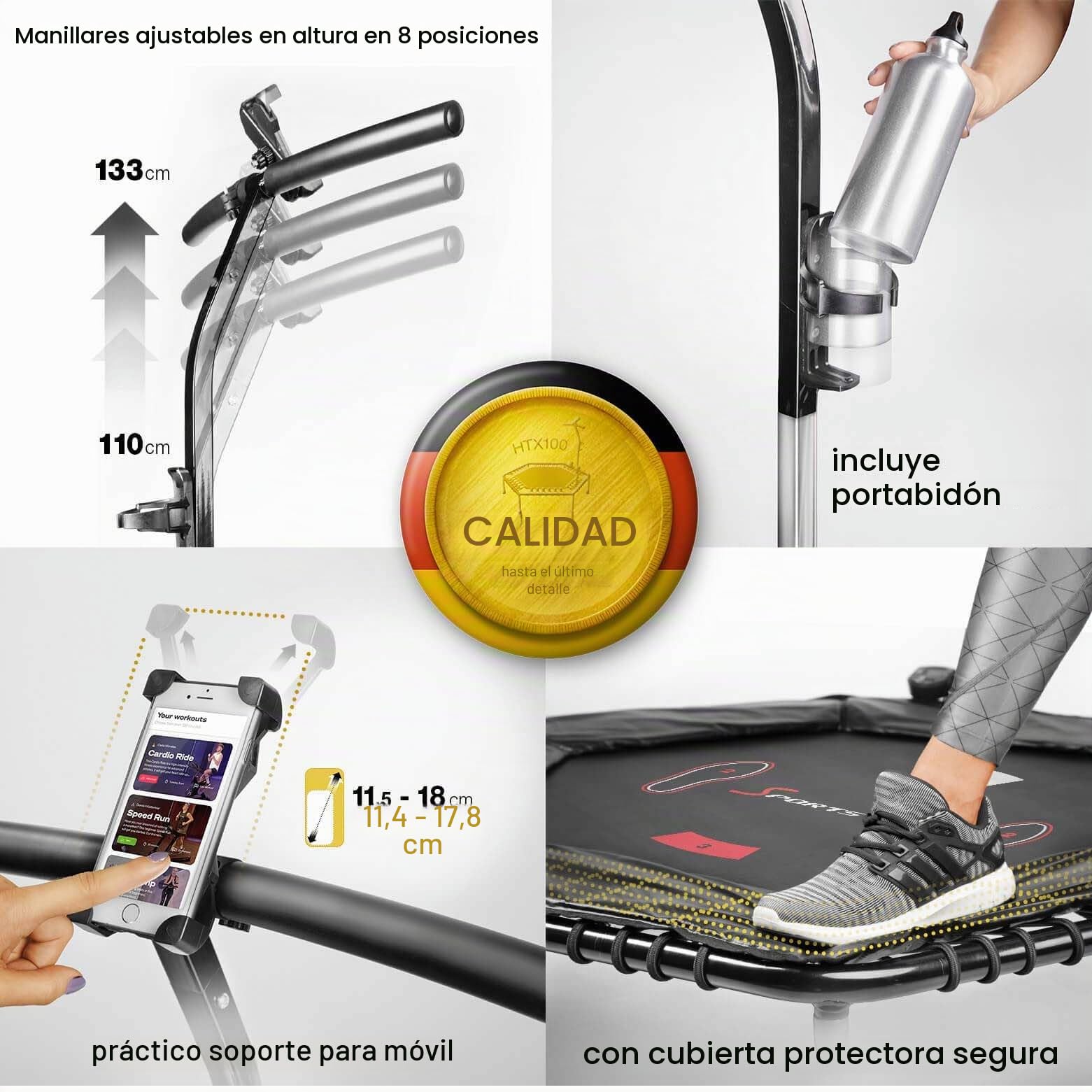 Trampolín Smart Fitness Marca Alemana, Incl. cinturón de Ritmo cardíaco, vídeo de Entrenamiento, Contador de Saltos y App, Plegable, Manillar Ajustable, portabotellas y Soporte para móvil - HTX100