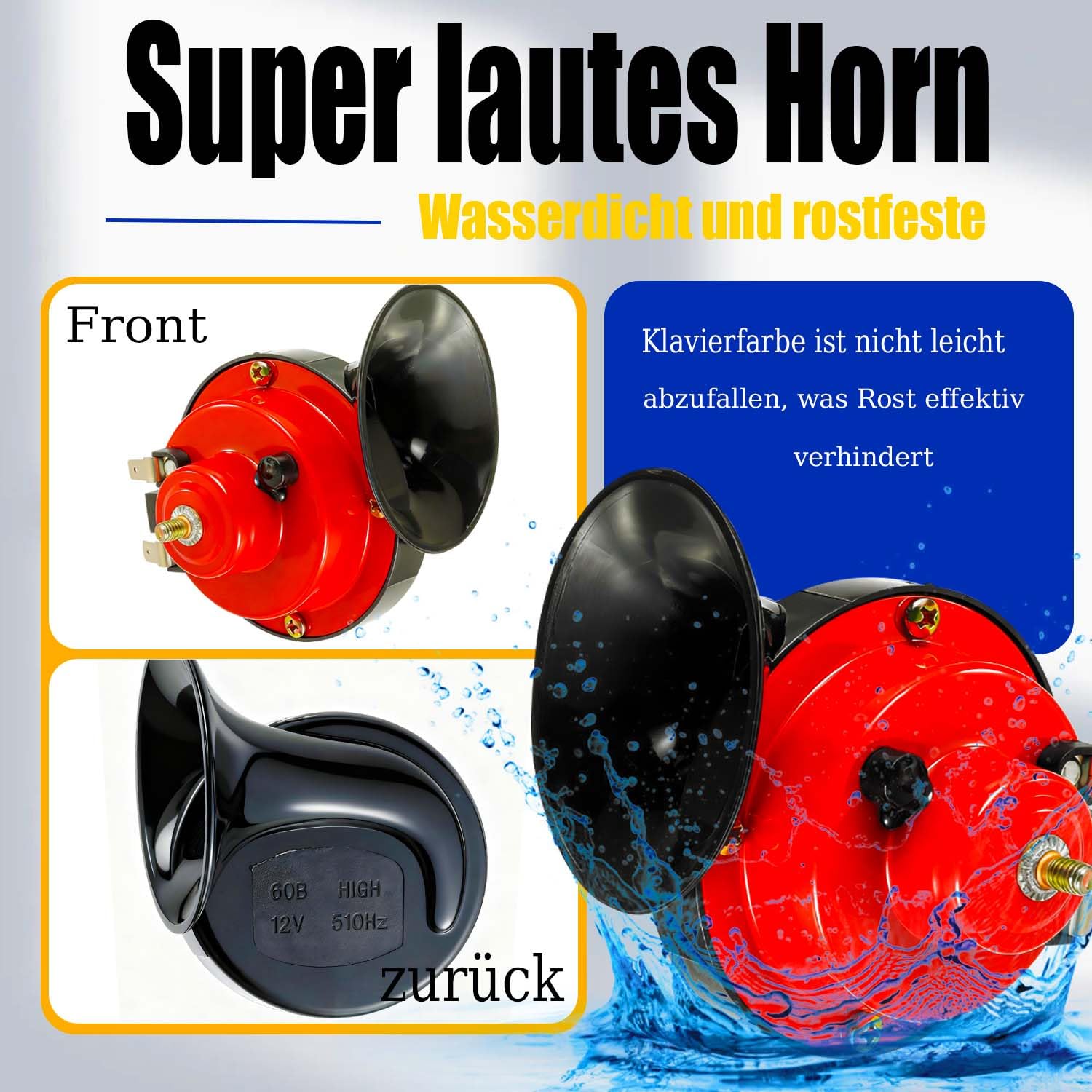 Confezione da 2 clacson ad aria compressa da 300 dB, clacson elettrico a lumaca da 12 V, clacson ad aria compressa impermeabile universale per auto, camion, moto, barca (rosso)