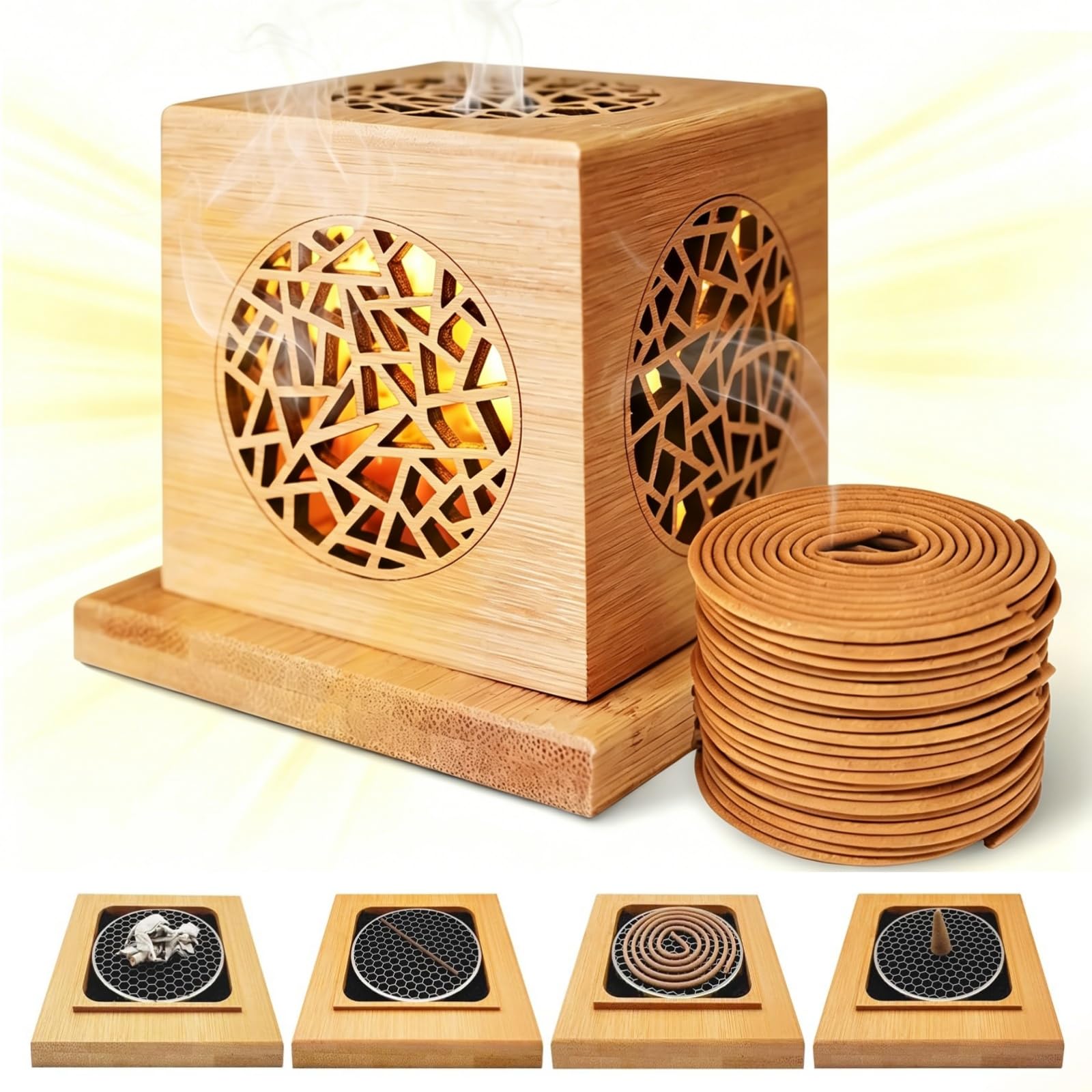 YERHOME 40 Pcs Scroll Incense Burner Set Natural Bamboo Square Openwork Incense Holder Incense Stick Tray Ash Free Heat Resistant Fireproof Breathable Durable Stylish Wood Grain Purifying Incense Natu