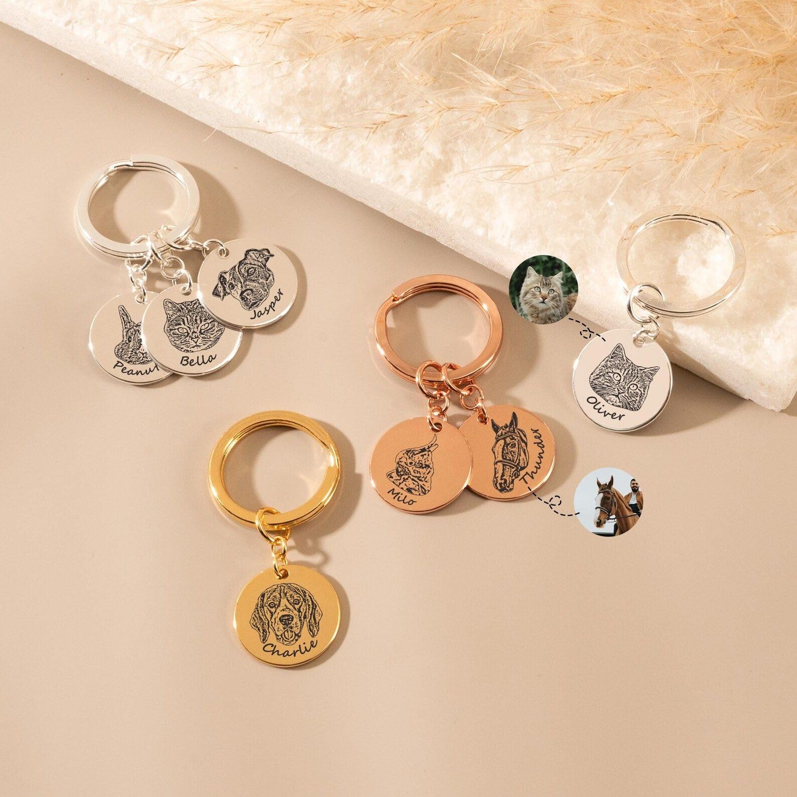 Grabado mascota foto Keyrings, personalizado mascota retrato llavero, personalizado imagen llavero, conmemorativo condolencias pérdida