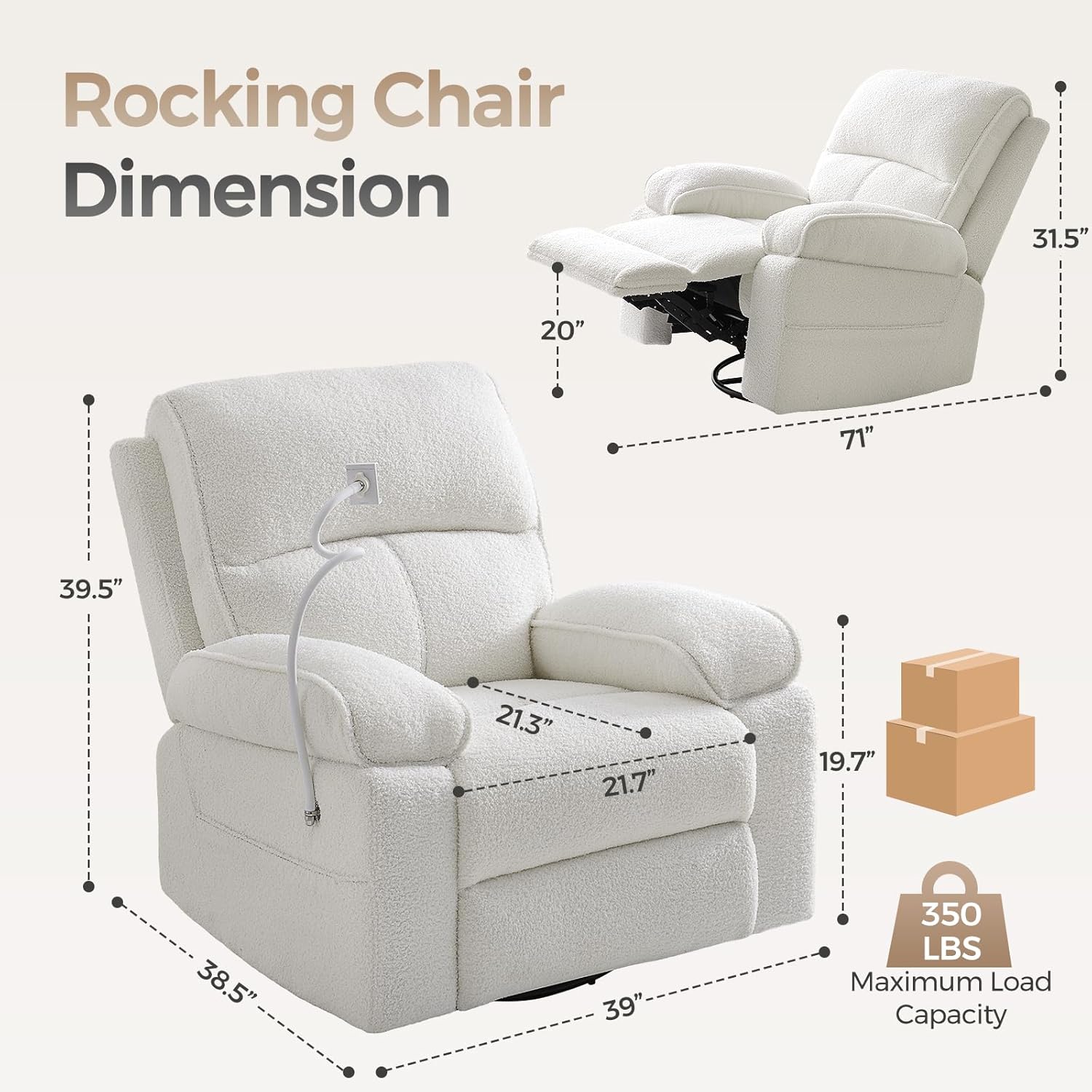 Teddy Fleece 360° Swivel Rocker Recliner Nursery Rocking Chairs with Phone Holder Manual Gilder Recliner Chair with Wide Foot Rest for Living Room and Baby Room
