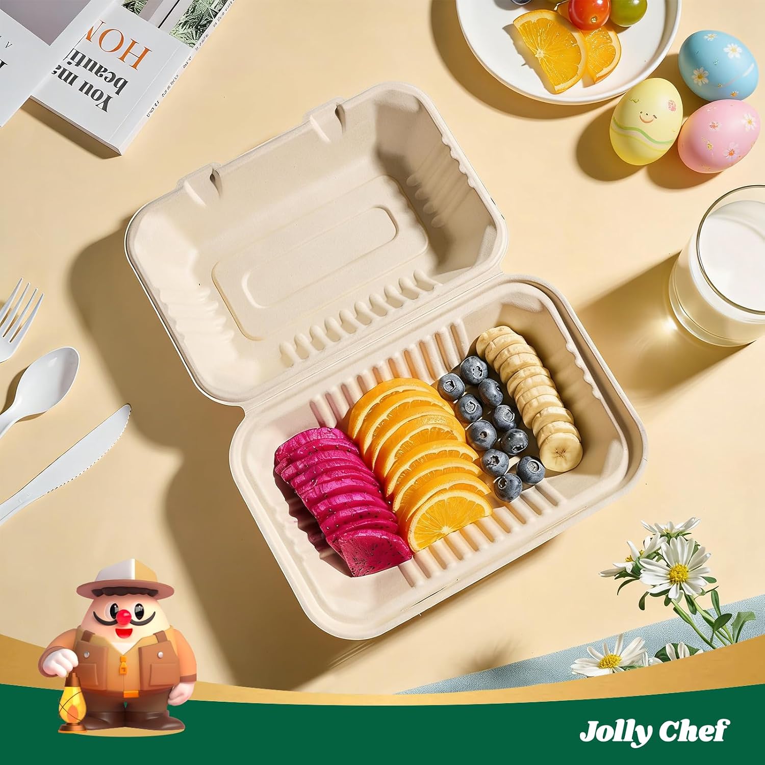 Clamshell Take Out Food Containers, [75-Pack 9 * 6" ] To Go Containers Disposable, 100% Compostable Sugarcane To Go Boxes for Salad,Lunch