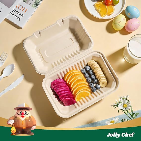JOLLY CHEF Clamshell Take Out Food Containers, [75-Pack 9 * 6 ] To Go Containers Disposable, 100% Compostable Sugarcane To Go Boxes for Salad,Lunch