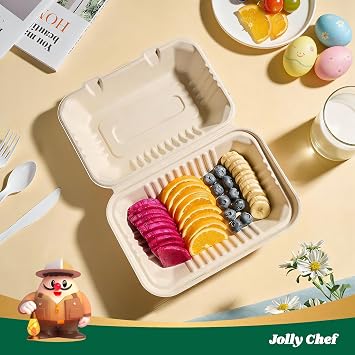 JOLLY CHEF Clamshell Take Out Food Containers, [75-Pack 9 * 6 ] To Go Containers Disposable, 100% Compostable Sugarcane To Go Boxes for Salad,Lunch
