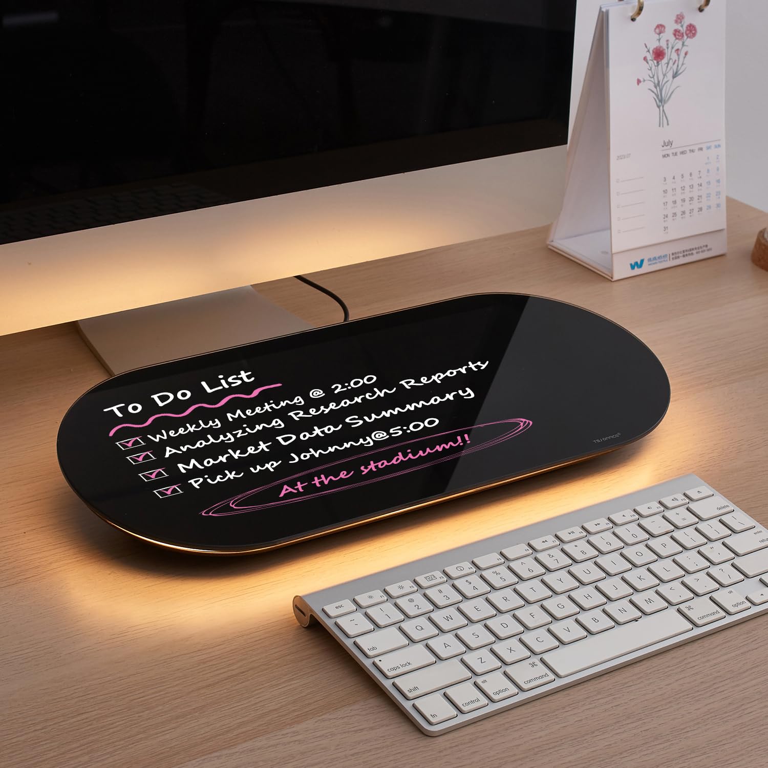 TSJ OFFICE Glass Desktop Whiteboard - 17 X 7 Inches Black Board Warm Light | Glass Surface/Notepad with 1 Drawer/ Desk Organizers/ for Office, Home, School Supplies