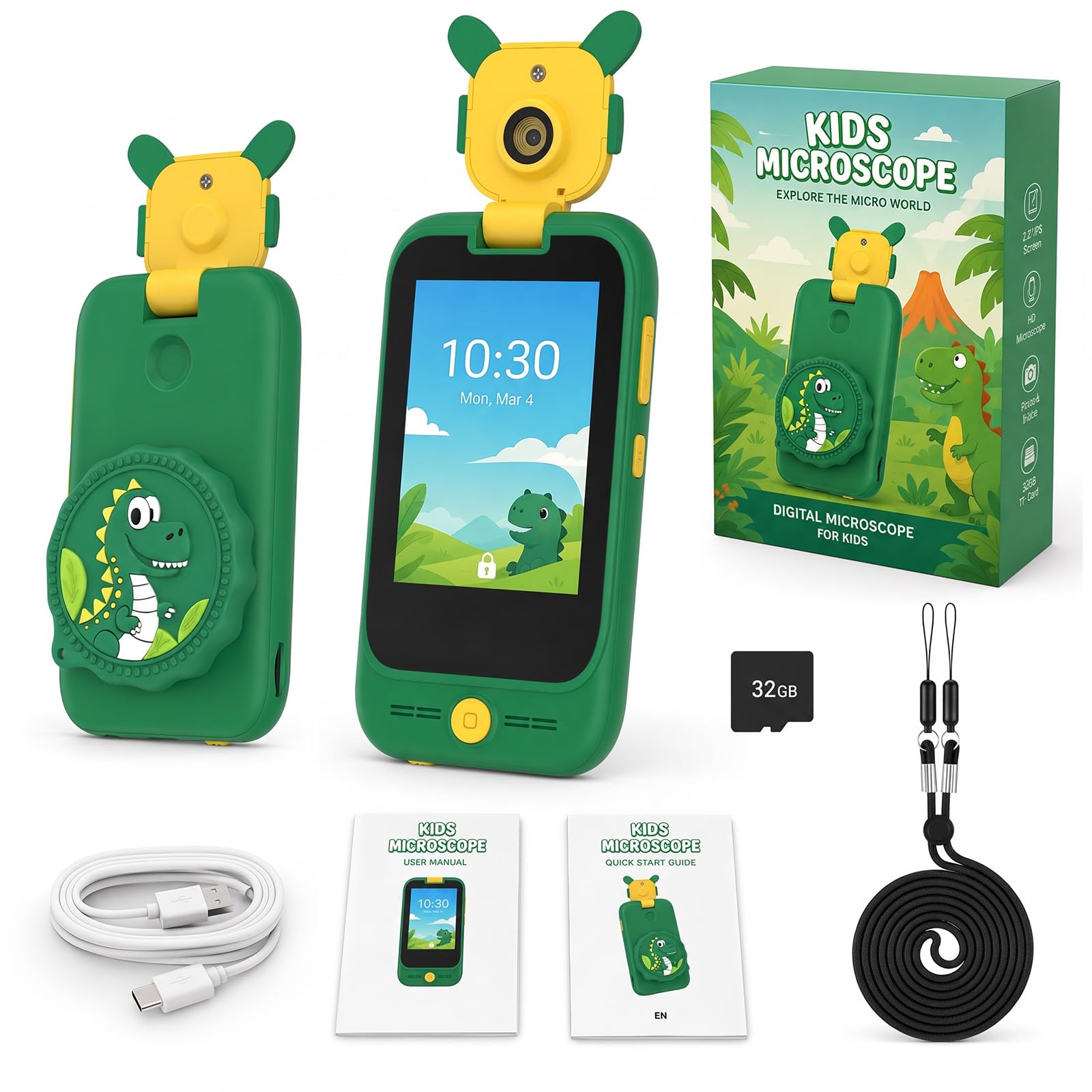 Teléfono Móvil Juguete Niños con Microscopio: Smartphone Portátil 3-8 Años | Cámara Giratoria 180° Pantalla Táctil 2.8 Tarjeta 32 GB Juegos Ciencia Educativo STEM Regalo Cumpleaños Dinosaurio Niño Niña