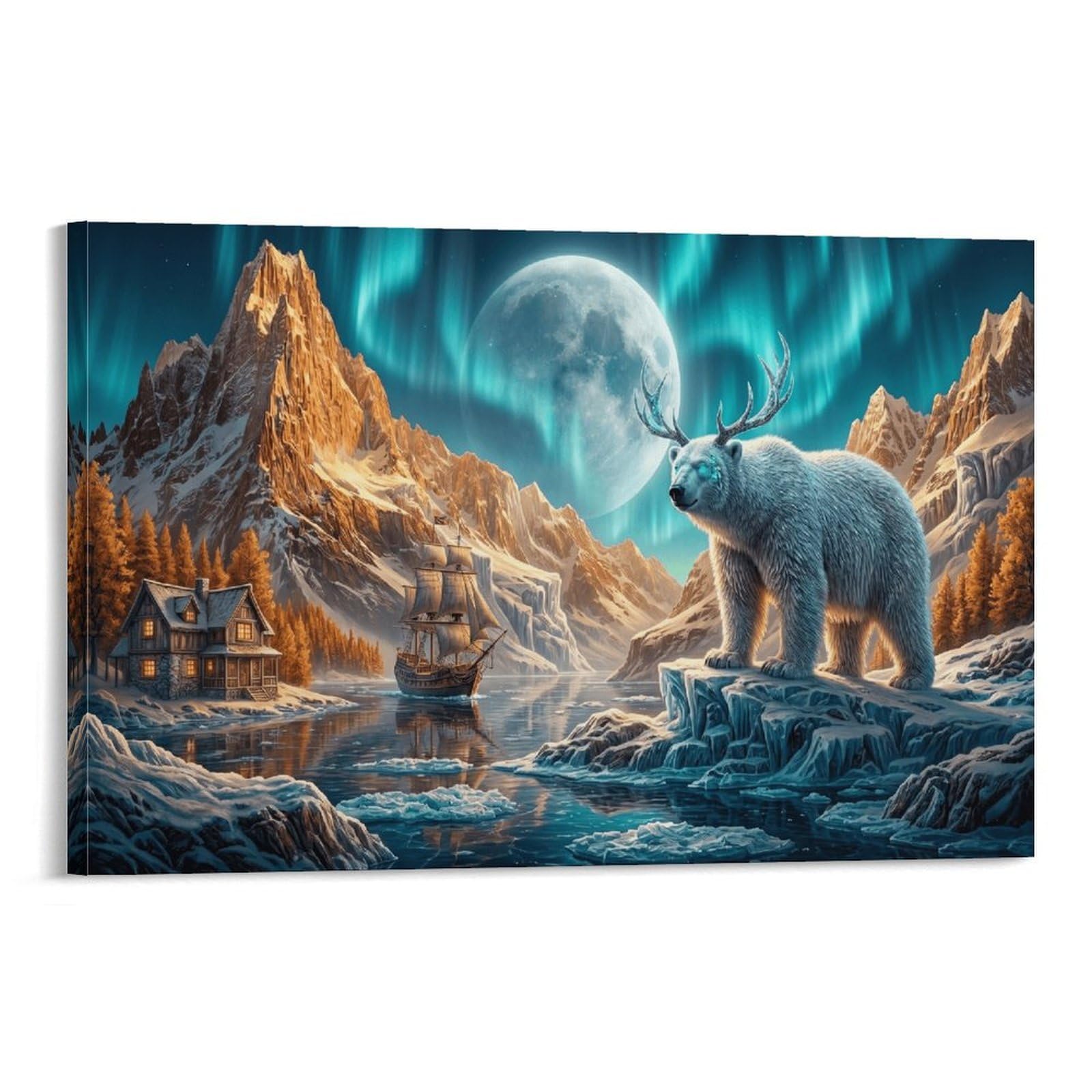 XPASHIQWC Polar Bear Poster Artwork Aurora Snow Mountain Giclee Canvas Prints Modern Wall Art Picture Wall Hanging for Home Decorations 24x36inch(60x90cm)