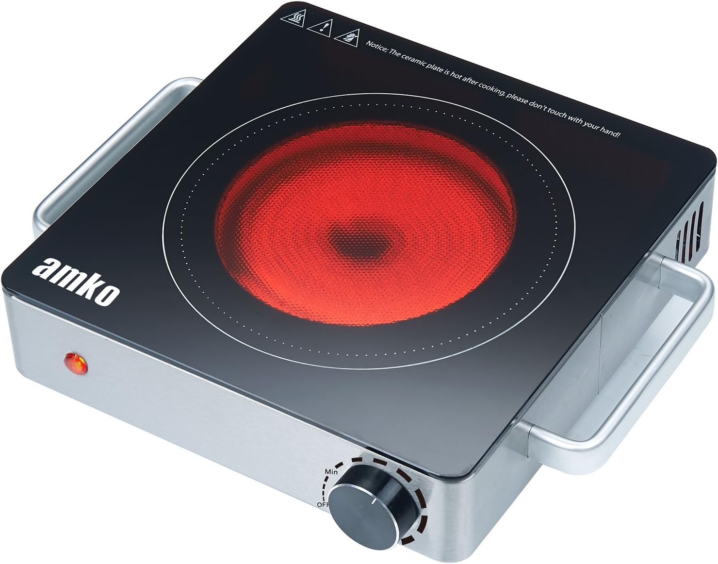 Amko AK-IR15 Stainless Steel Single-Burner Portable Ceramic Infrared Cooktop, Black and Silver