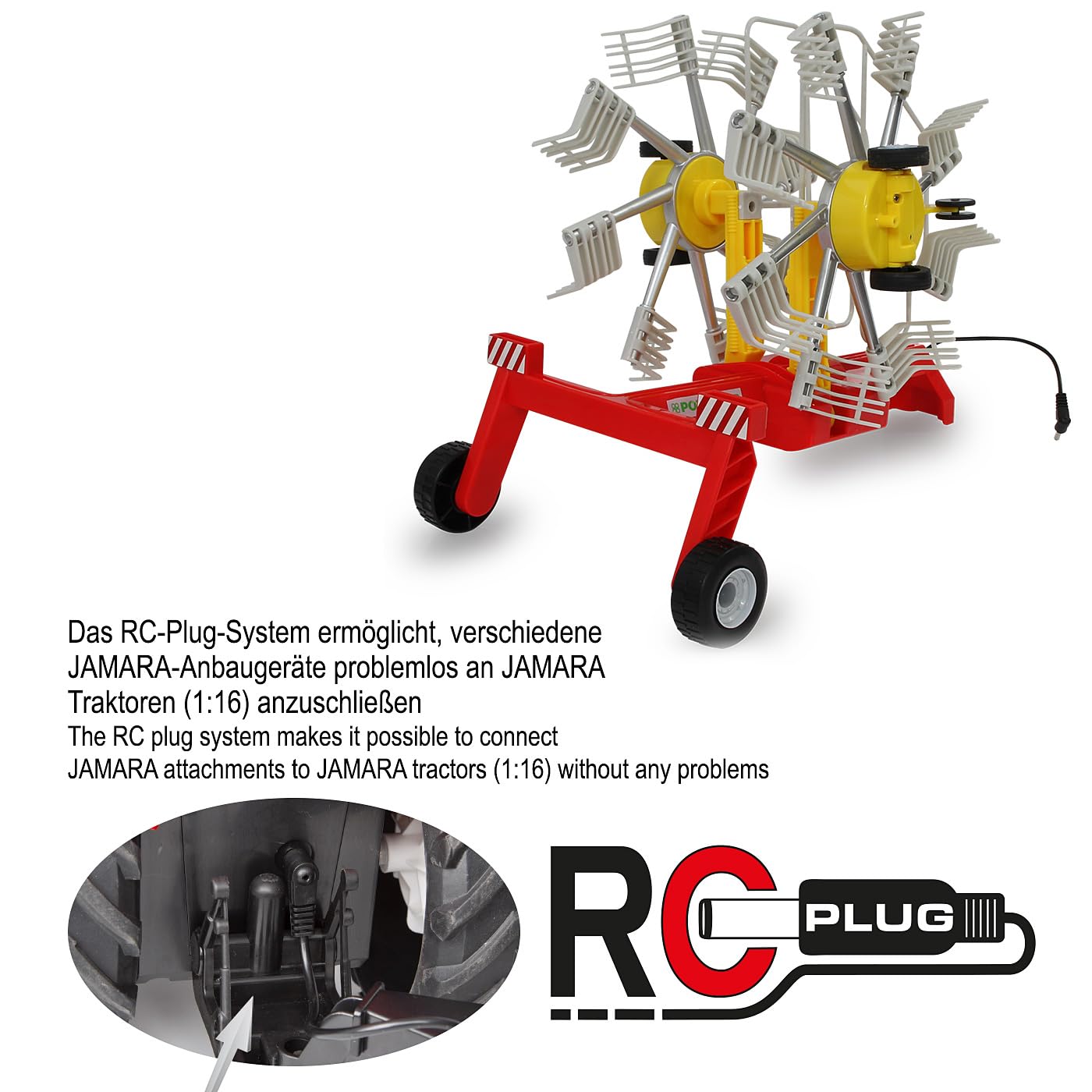 JAMARA Schwader Pöttinger per Trattore RC 1:16, con Licenza Ufficiale, Denti rotanti Durante la Guida, Bracci di Estensione apribili e apribili