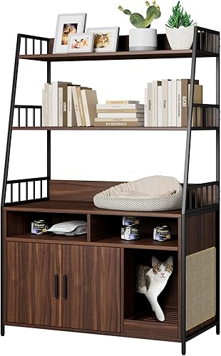 Estante de almacenamiento multicapa caja de arena oculta para gatos muebles de baño de madera para gatos con arañazos laterales gabinete para gatos