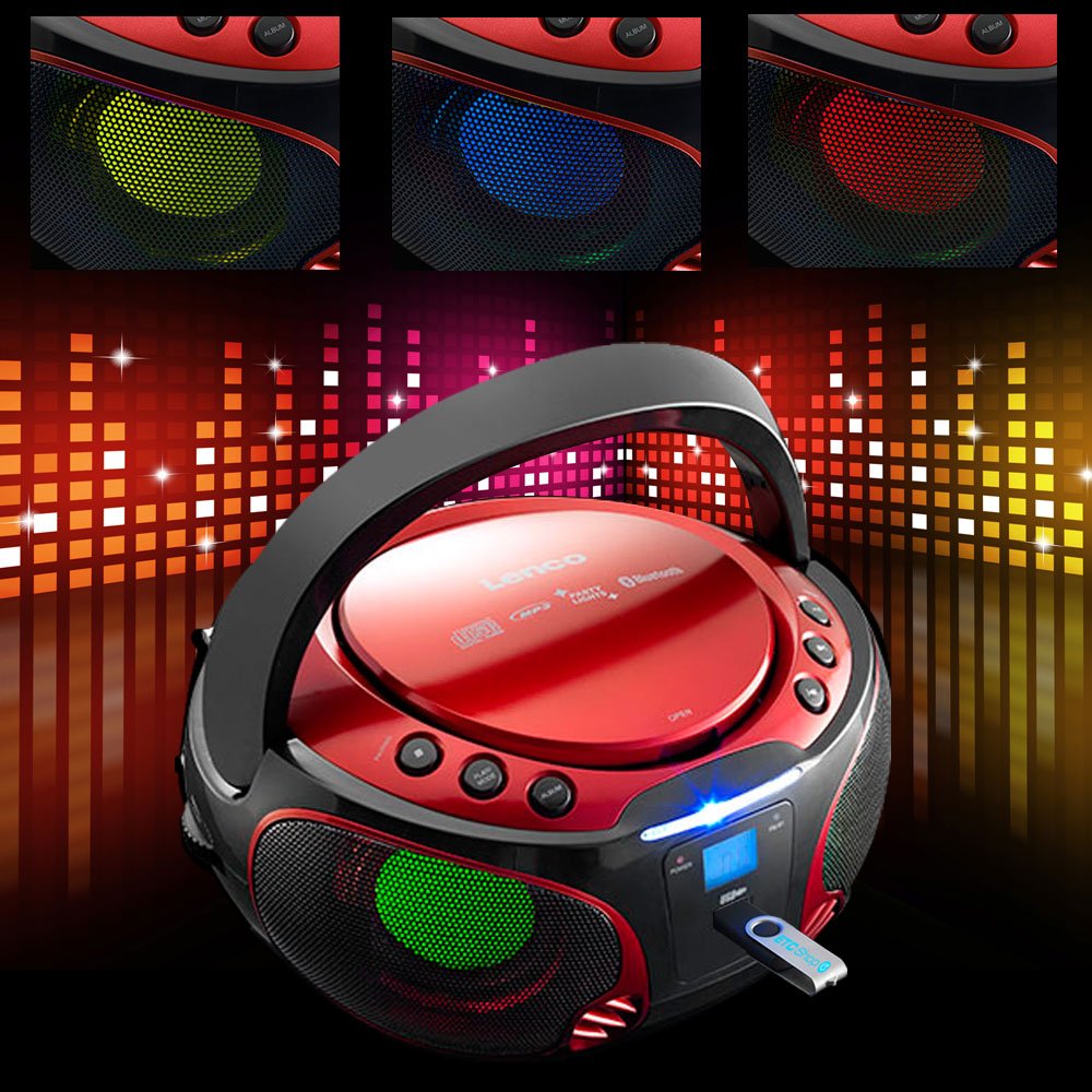 Lenco SCD-550 - CD-Player für Kinder - CD-Radio - Stereoanalage - Boombox - MP3 und USB Player - Bluetooth - 2 x 2 W RMS-Leistung - Party Lights - Rot