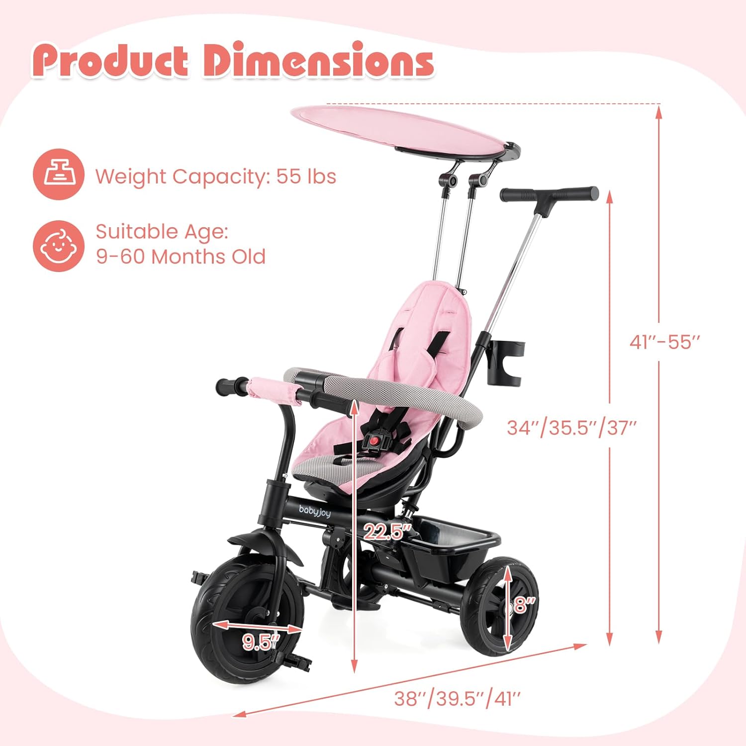 BABY JOY Toddler Tricycle, 7 in 1 Push Trike w/Adjustable Canopy, Parent Push Handle, Seat & Footrests, 5-Point Safety Harness and All-Terrain EVA Wheels, Kids Stroller Bike for 9-60 Months (Pink)