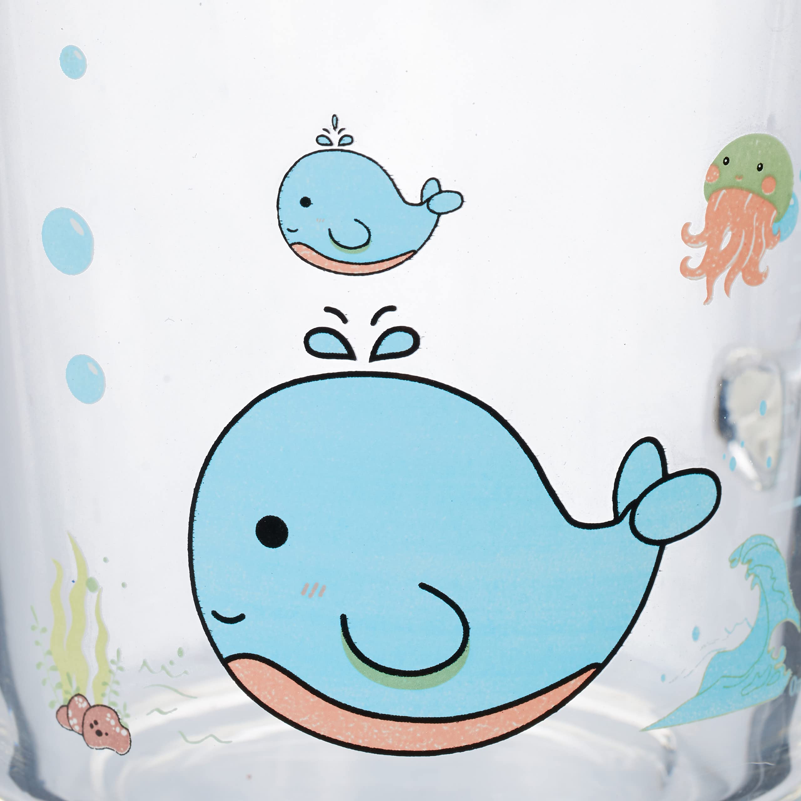 Relaxdays Set da 2 Tazze per Bambini, Vetro, Silicone, ABS, con Cannuccia, Manico e Tappo, 400 ml, Balena, Trasparente