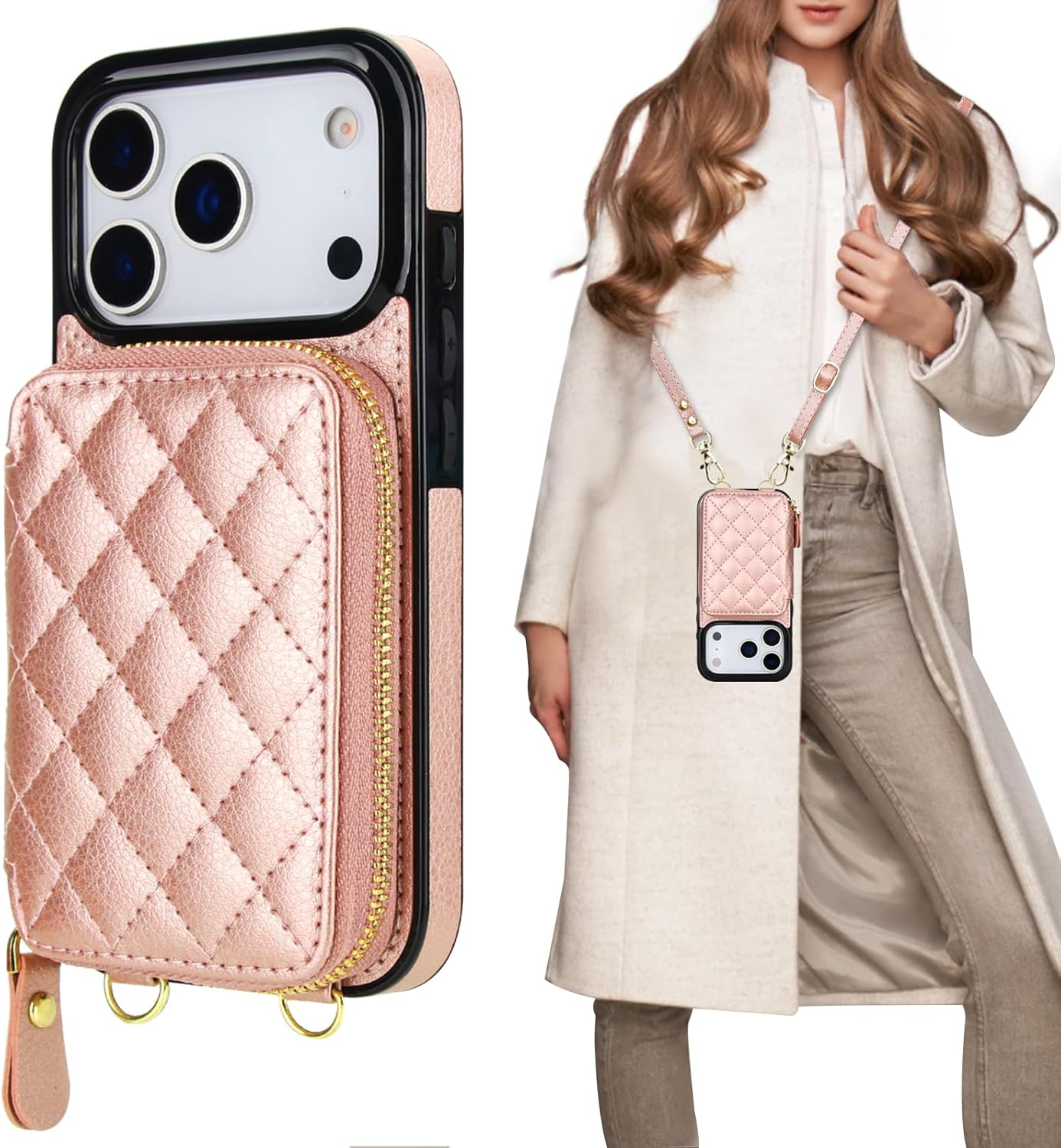 Bocasal Crossbody Wallet Case for iPhone 17 Pro, RFID Blocking PU Leather Zipper Handbag Purse Flip Cover, Kickstand Folio Case with Card Slots Holder Wrist Strap Lanyard 5G 6.3 Inch (Rose Gold)