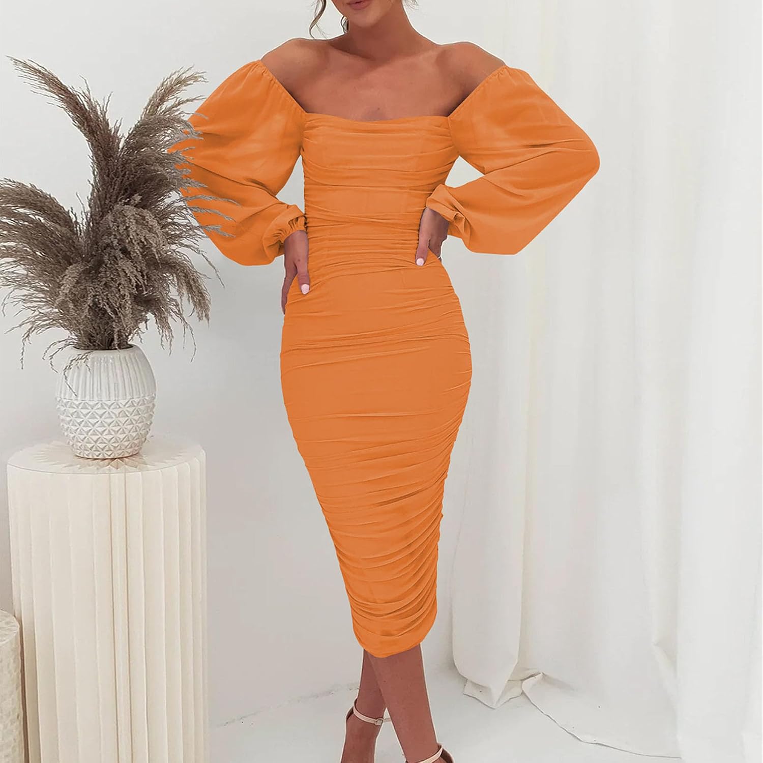 Women's 2024 Casual Long Lantern Sleeve Dresses Square Neck Ruffle Back Elastic Waist A Line Mini Dress Boho Bodycon