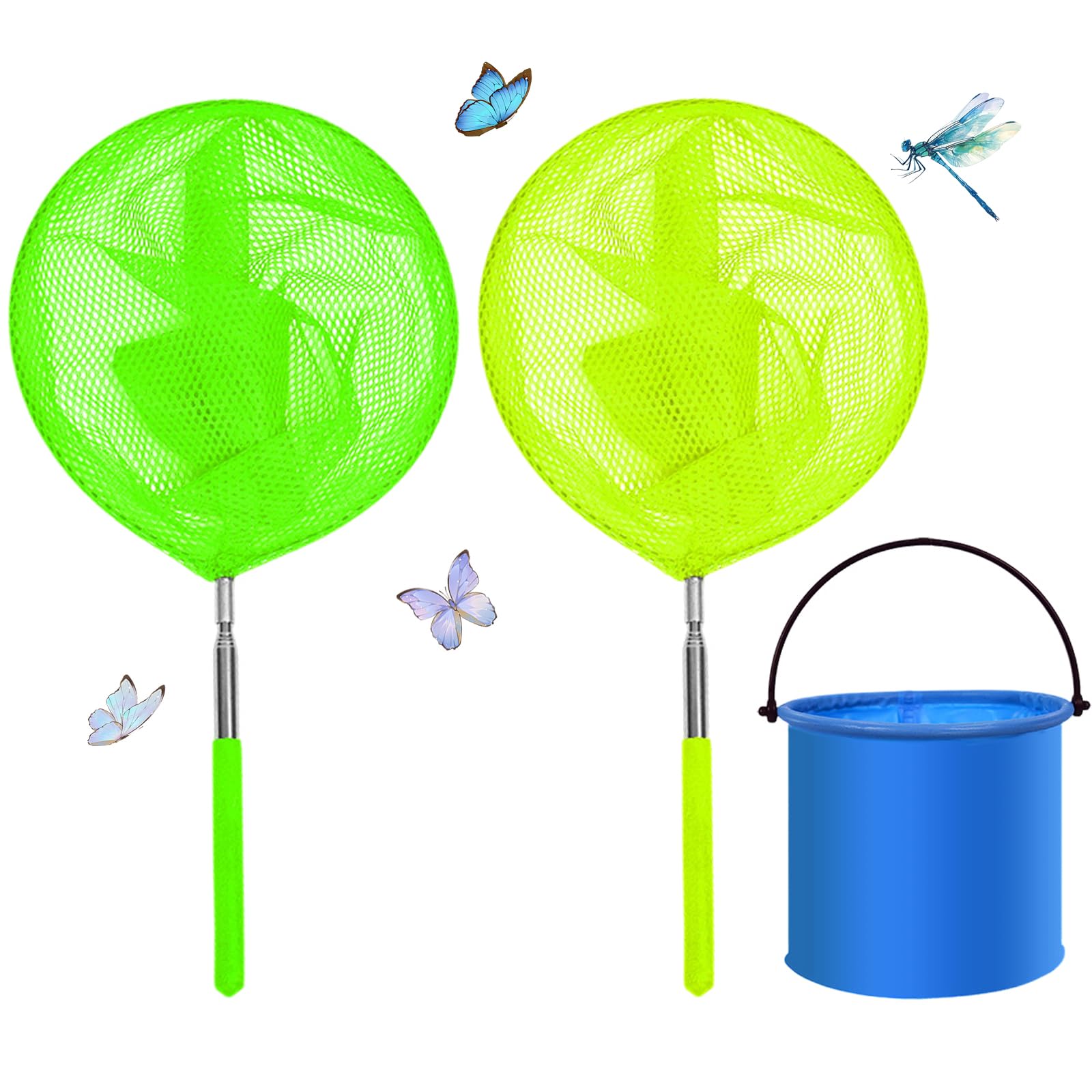 3 Pack Kids Fishing Net Foldable Bucket Set, Extendable Butterfly Net, Mesh Net for Catching Crabbing Bugs Insects Bird Playing Beach Ponds Pool Outdoor Telescopic Catching Net