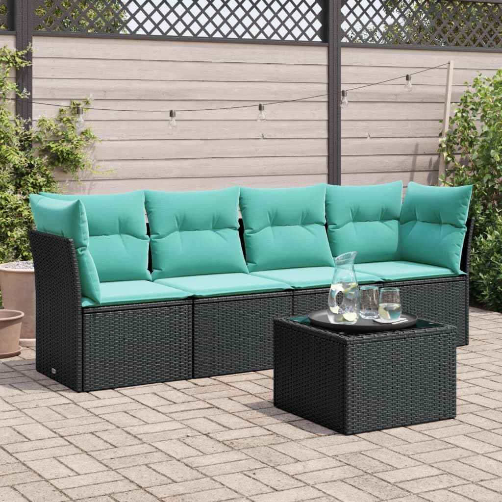5 Piece Patio Sofa Set with Cushions Black Poly Rattan Garden Furniture Set Garden Seating Ensemble for Pond Backyard