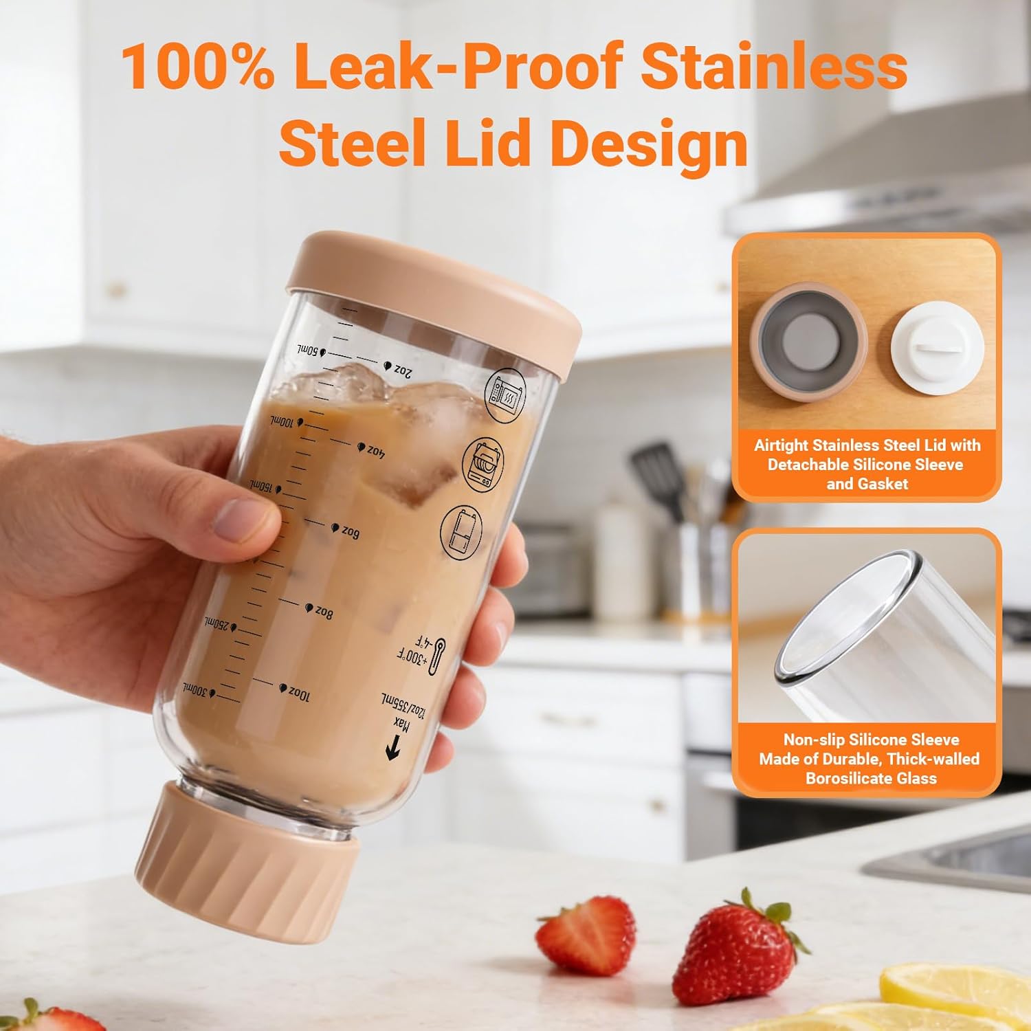 12 oz Glass Juice Bottles with Lids, 4 Pack Borosilicate Glass Bottles with Stainless Steel Lid - Reusable, BPA-Free for Juicing, Smoothies, Infused Water & Protein Drinks, Leakproof, Clear - Image 2