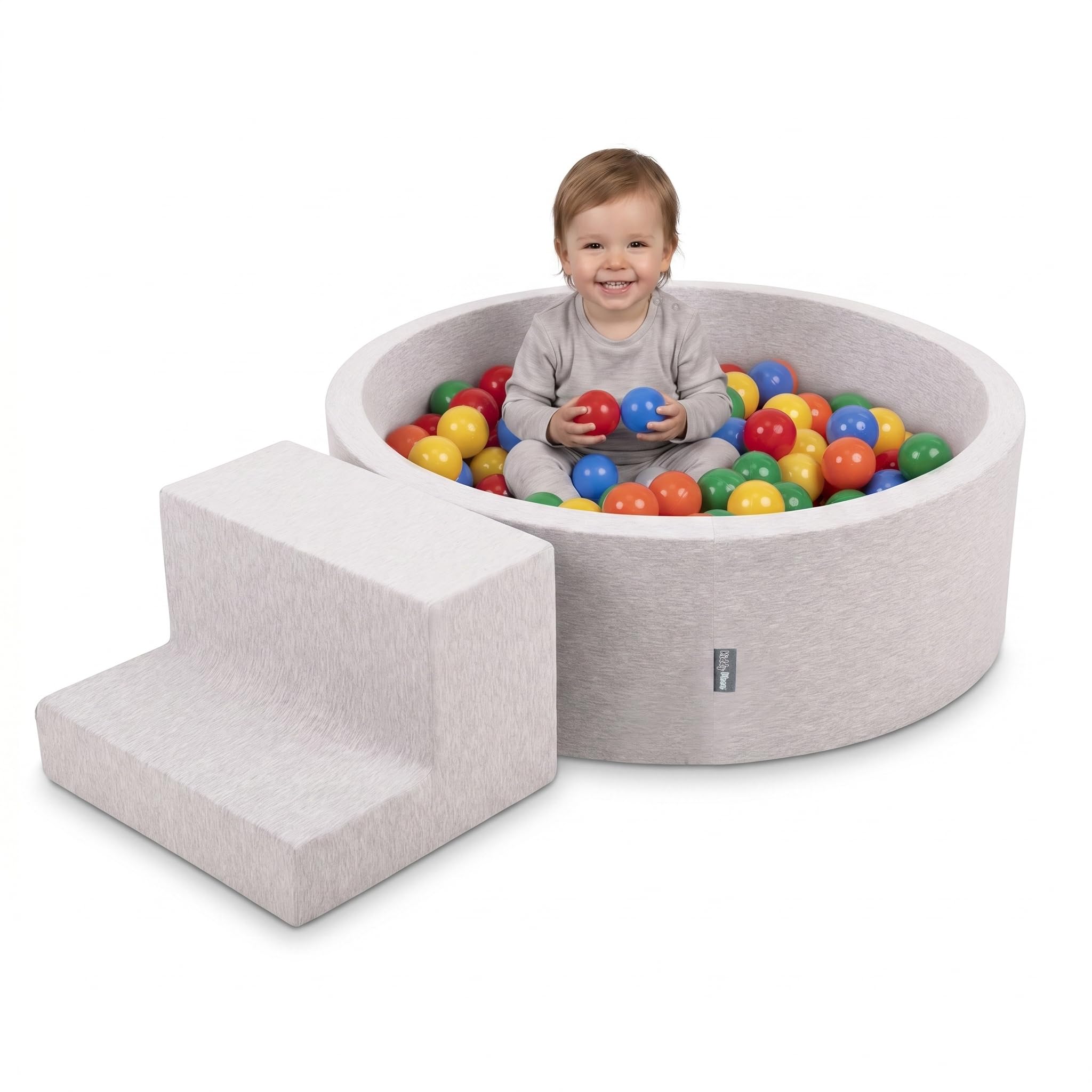 KiddyMoon Soft play set with ballpit 90x30cm and steps 100 balls 7cm foam playground for babies and toddlers - Light grey: Yellow Green Blue Red Orange