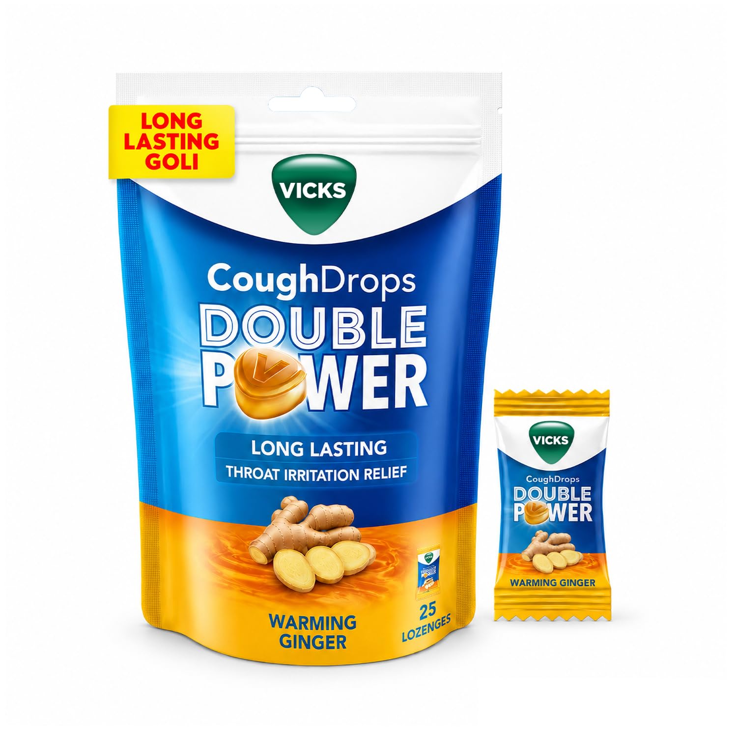 VICKS COUGH DROPS DOUBLE POWER (Bag of 25) NEW & IMPROVED, BIGGER DROPS WITH 2X AYURVEDIC MIX FOR FAST RELIEF FROM THROAT IRRITATION & COUGH, WARMING GINGER FLAVOR-image-8
