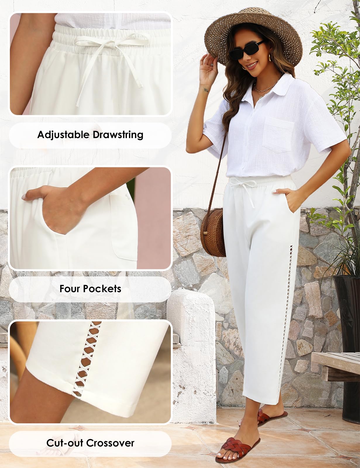 CMTOP Pantalon Femme Été Coton Lin 7/8 Pantalons Fluide Pantalon Loisirs Léger Longueur Pants Décontracté Solide Couleur Droit Pants avec Poches Cordon