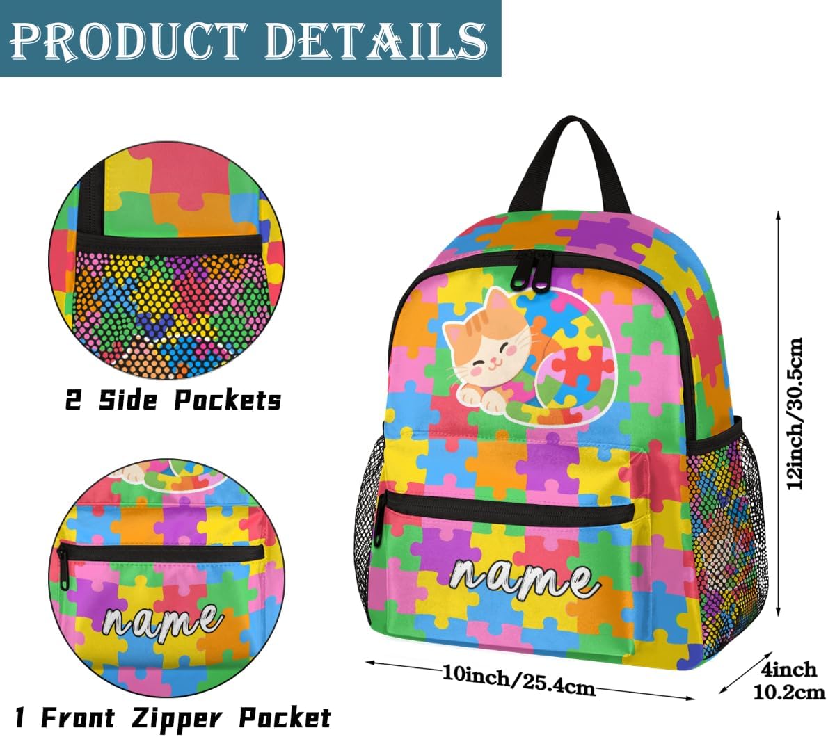 Custom Kids Backpack, Autism Awareness Personalized Name Backpack for Boys Girls, Waterproof Lightweight Toddler School Bag with Chest Strap 12 In (Animal Cat)
