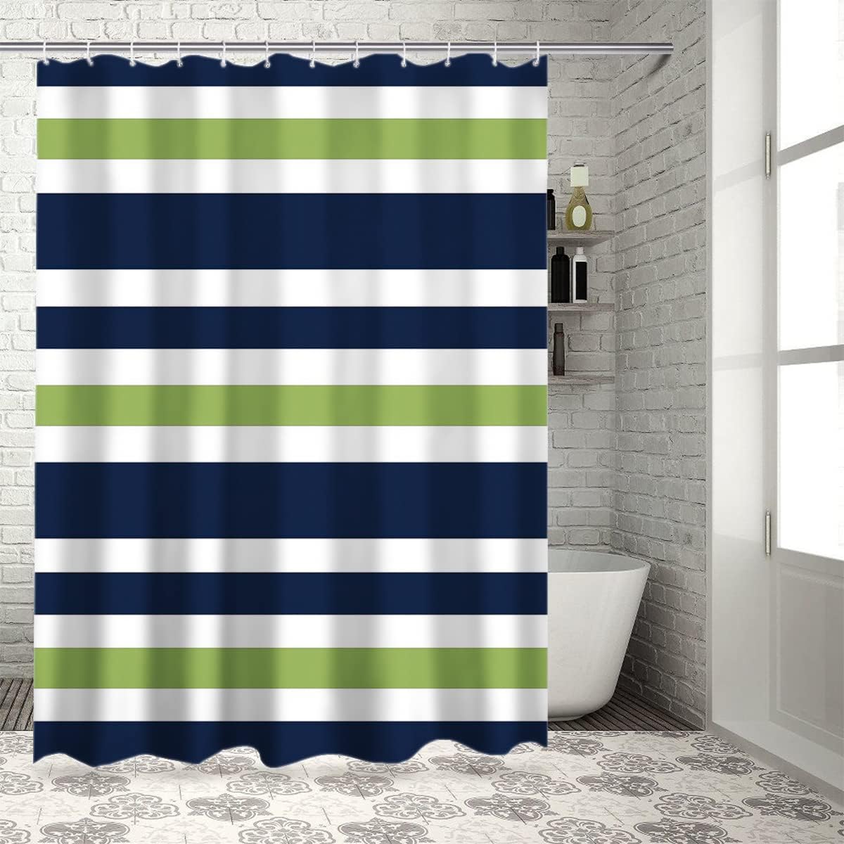 Navy Blue, Lime Green and White Kids Bathroom Fabric Bath Stripes Shower Curtain,36x72inch