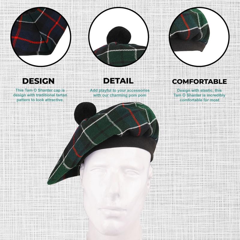 Image of Scottish Tam O' Shanter Hat Tartan Bonnet Pom Pom Wool Flat Cap One Size