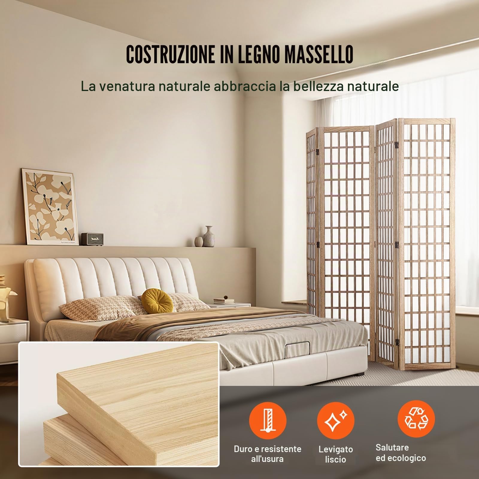 VEVOR Divisorio Giapponese per Privacy Divisorio Pieghevole, Schermo Decorativo Portatile per Separazione Spazio con 4 Pannelli Pieghevoli per Ufficio, Ristorante, Camera da Letto