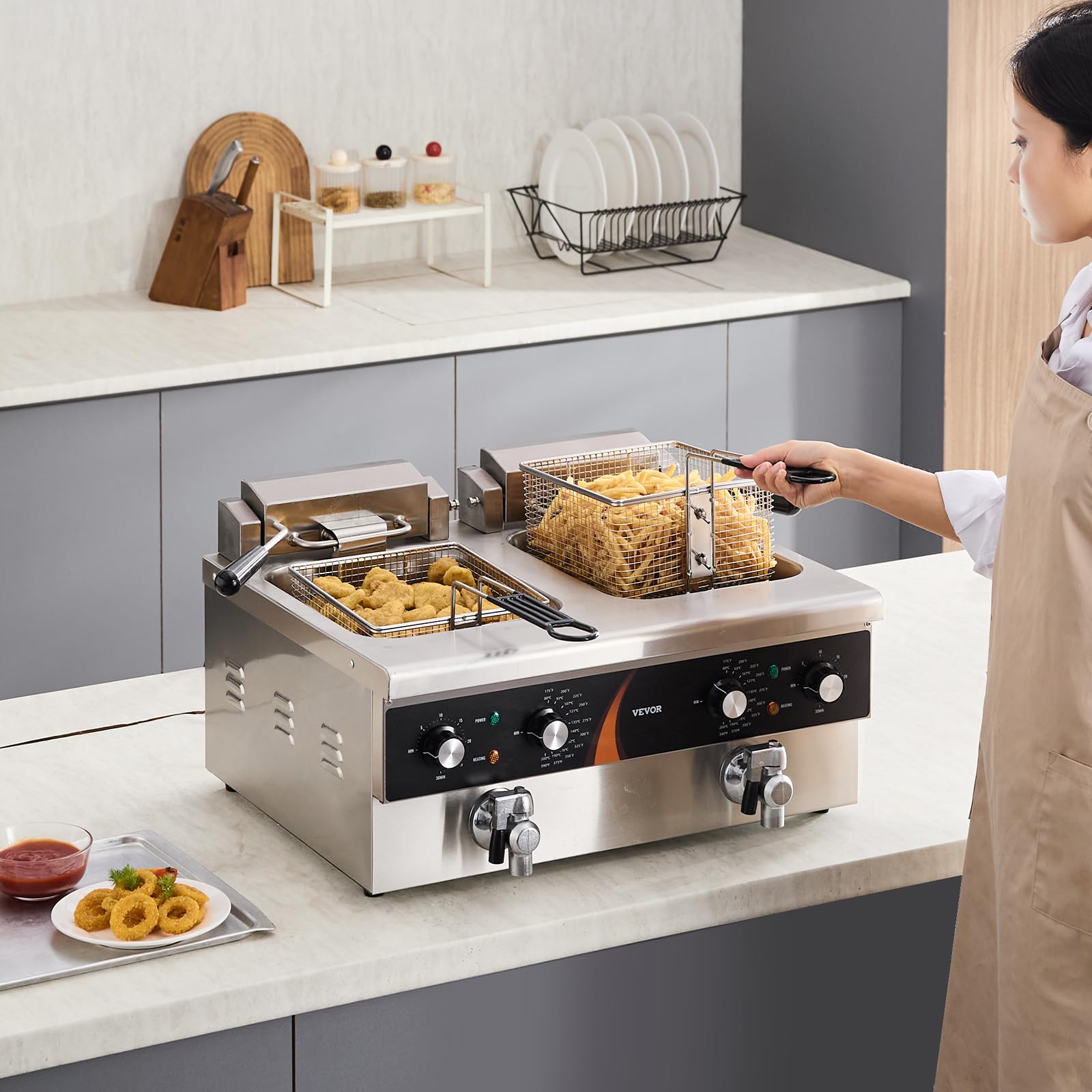VEVOR Friggitrice Commerciale Elettrica da Banco a Doppia Vasca 3000 W, 2 Friggitrici a Olio 8,5 L con 2 Cestelli, Acciaio Inox Spesso 1 mm, Controllo Tempo Temperatura, per Uso in Cucina Ristorante