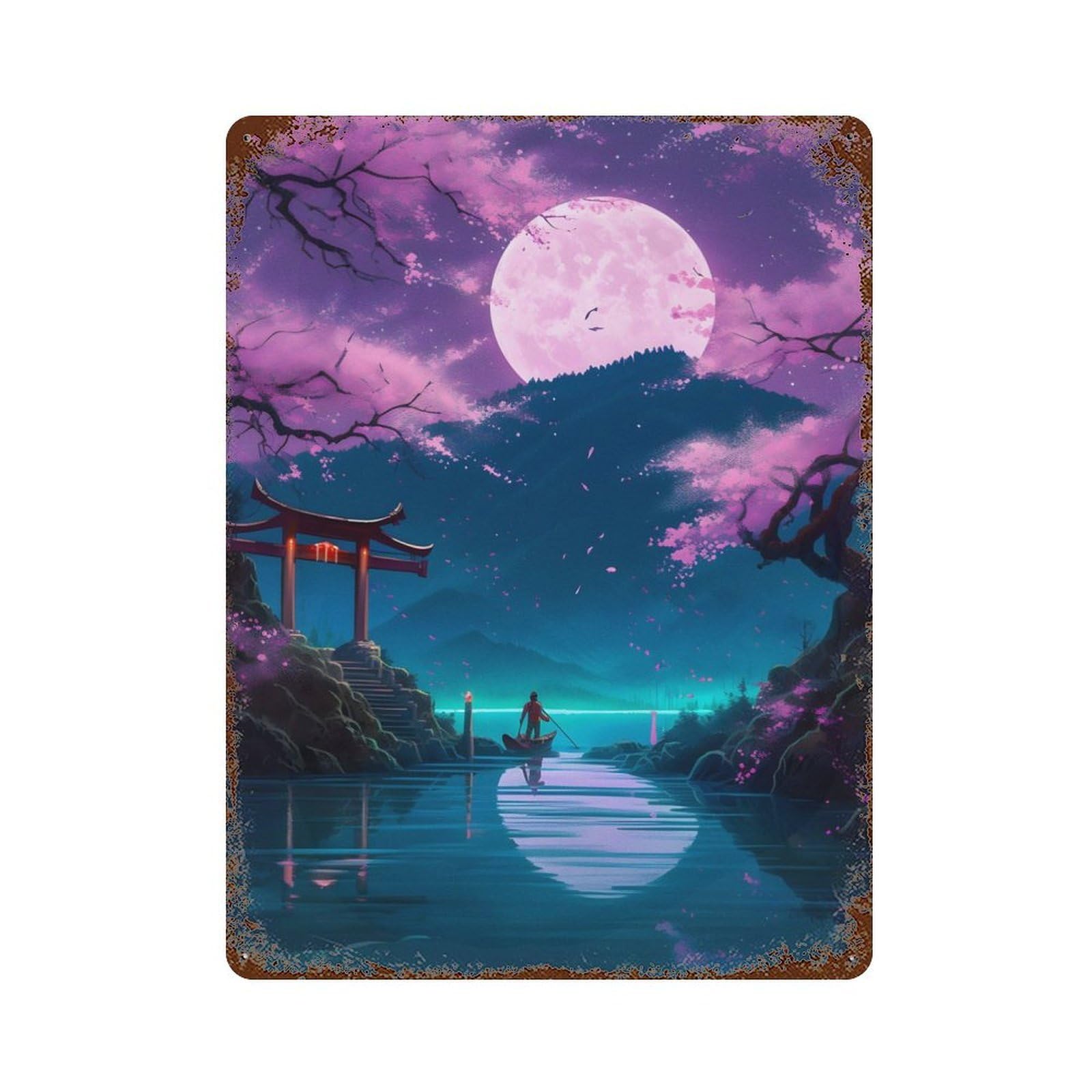 Garage Style Moonlight The Lake Weathered Tin Sign 15.7"x11.8", Classic Wall Plaque for Bar And Workshop