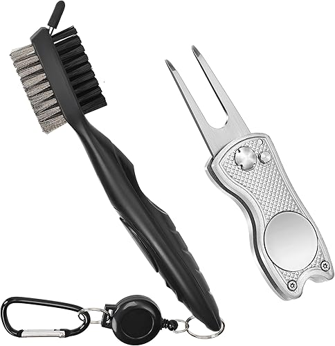 Miniatura 20 de Mile High Life Cepillo para palos de golf, limpiador de ranuras con cable de extensión retráctil de 2 pies y mosquetón de aluminio, accesorios