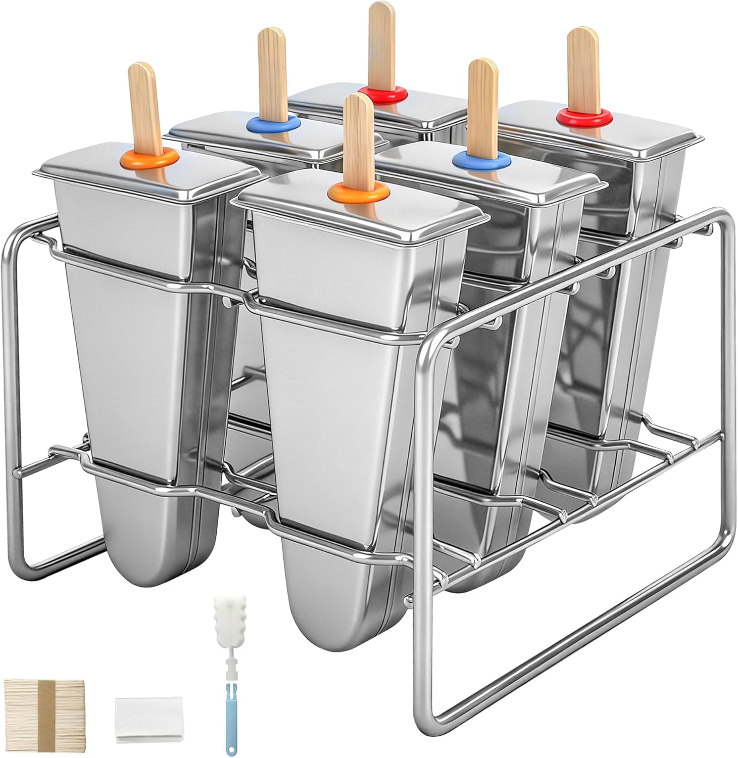 Stainless Steel Popsicle Molds Set with Holder, Reusable Ice Pop Maker, Ice Lolly Molds, Fast Freezing, Multi-Pack Options with Sticks & Storage Bags (Watermelon Shape)