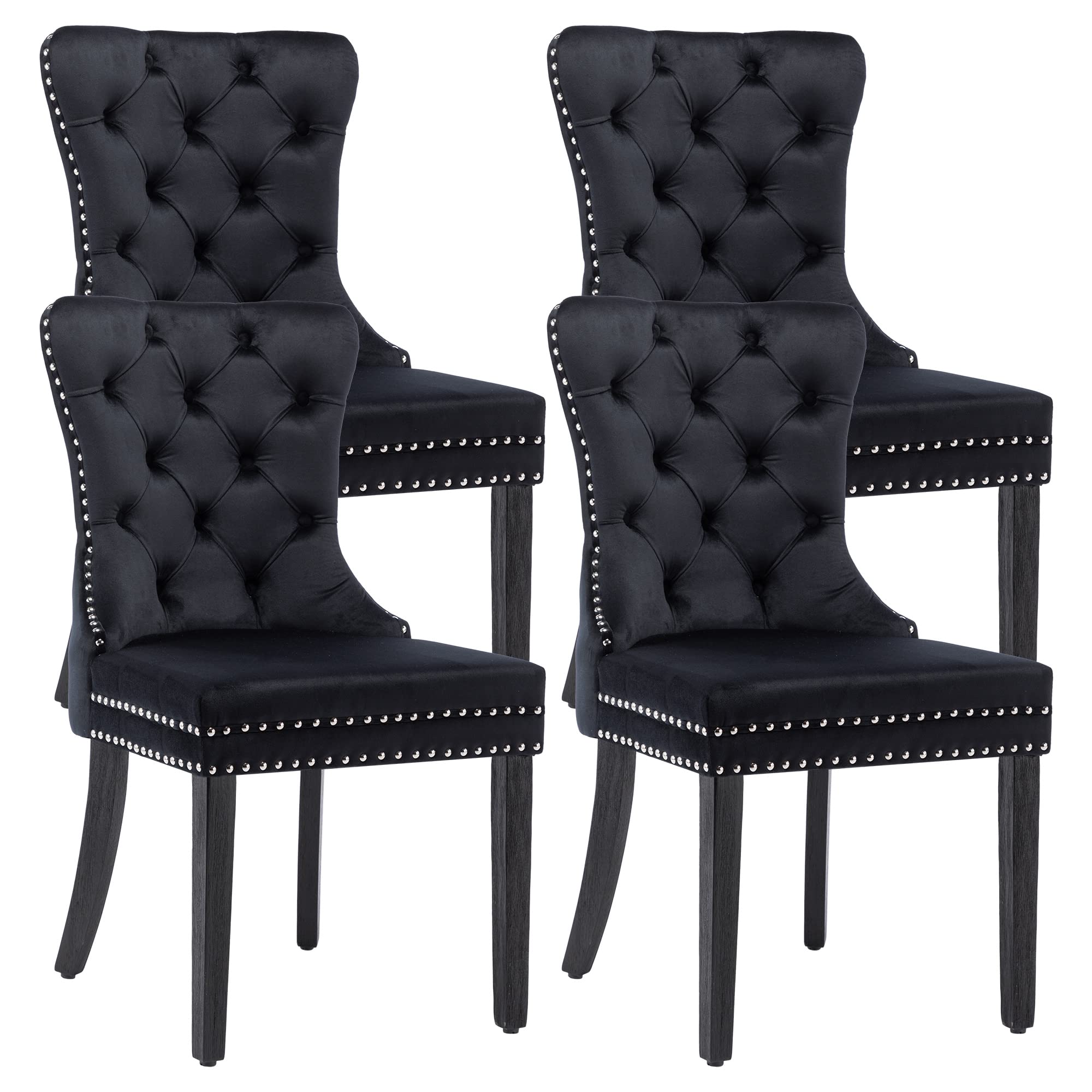 GOOLON Velvet Dining Chair Set of 4 Wingback Tufted Chairs for Dining Room Upholstered Dining Chairs with Nailhead Rivet Trim Design Pull Ring on Backrest Wood Legs for Kitchen Dining Room Black - Set of 4 - Black