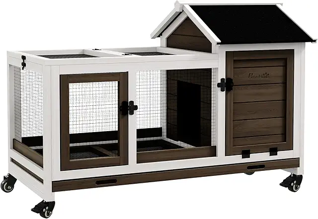 Zwergkaninchenkäfig aus Holz mit Freilaufgehege, Rädern & Klappdach