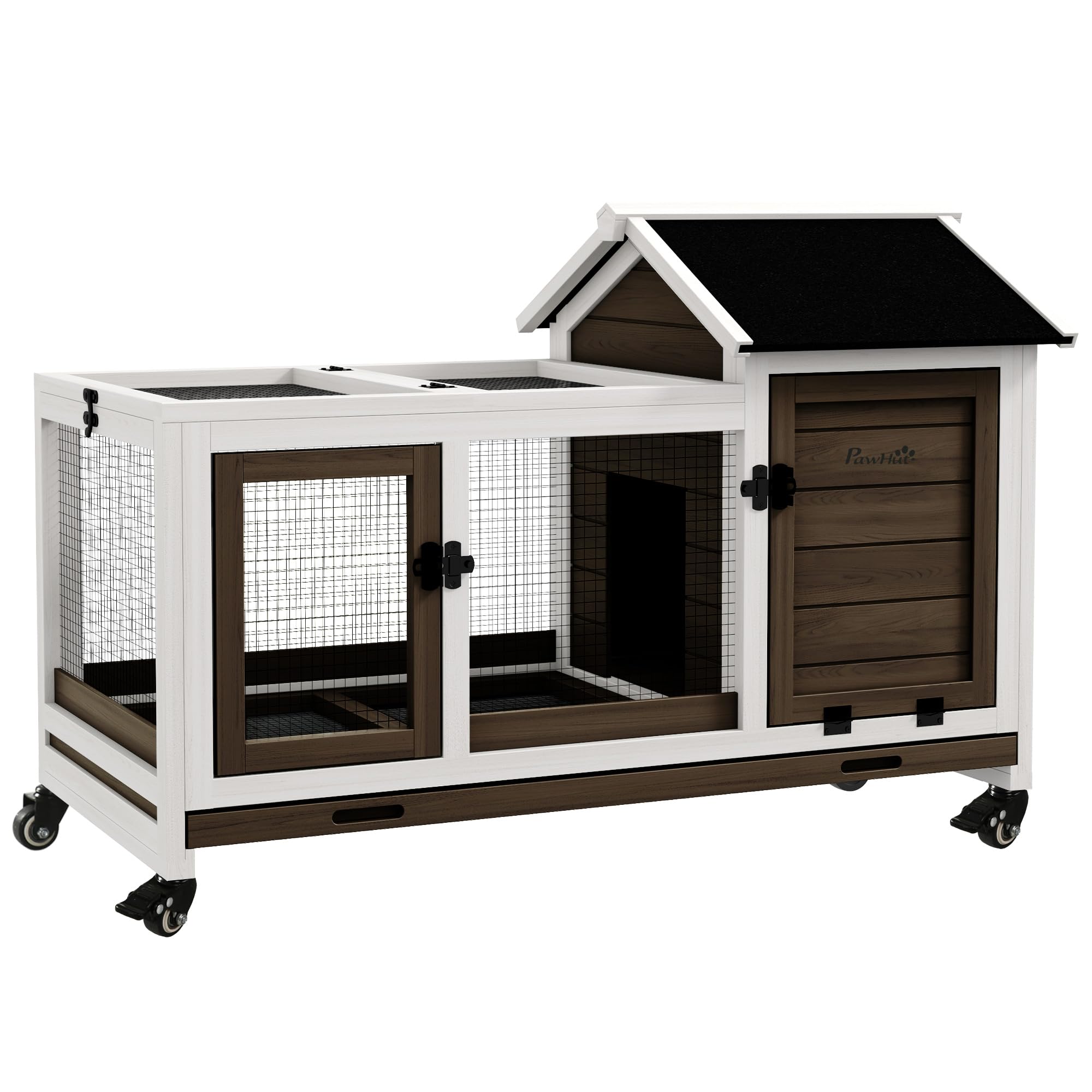 PawHut Zwergkaninchenstall aus Holz mit Rädern 108 x 58 x 73,5 cm Kaffee | Kleintierstall mit Freilaufgehege, Klappdach, Zwergkaninchenkäfig mit Ausziehbarem Tablett, für Indoor, Outdoor