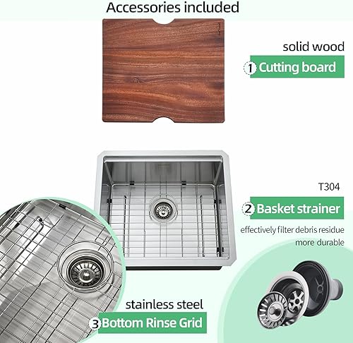 Miniatura 9 de Fregadero de cocina de montaje inferior, fregadero de cocina de 21 x 19 pulgadas, fregadero de cocina de acero inoxidable calibre 16, fregadero de