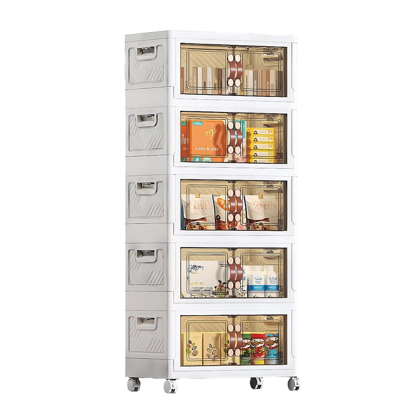 MECOLOR Armoires de rangement en plastique avec roulettes, 5 x 63 L, bacs empilables avec couvercles, boîte pliable avec portes, organiseur pliable pour dortoir