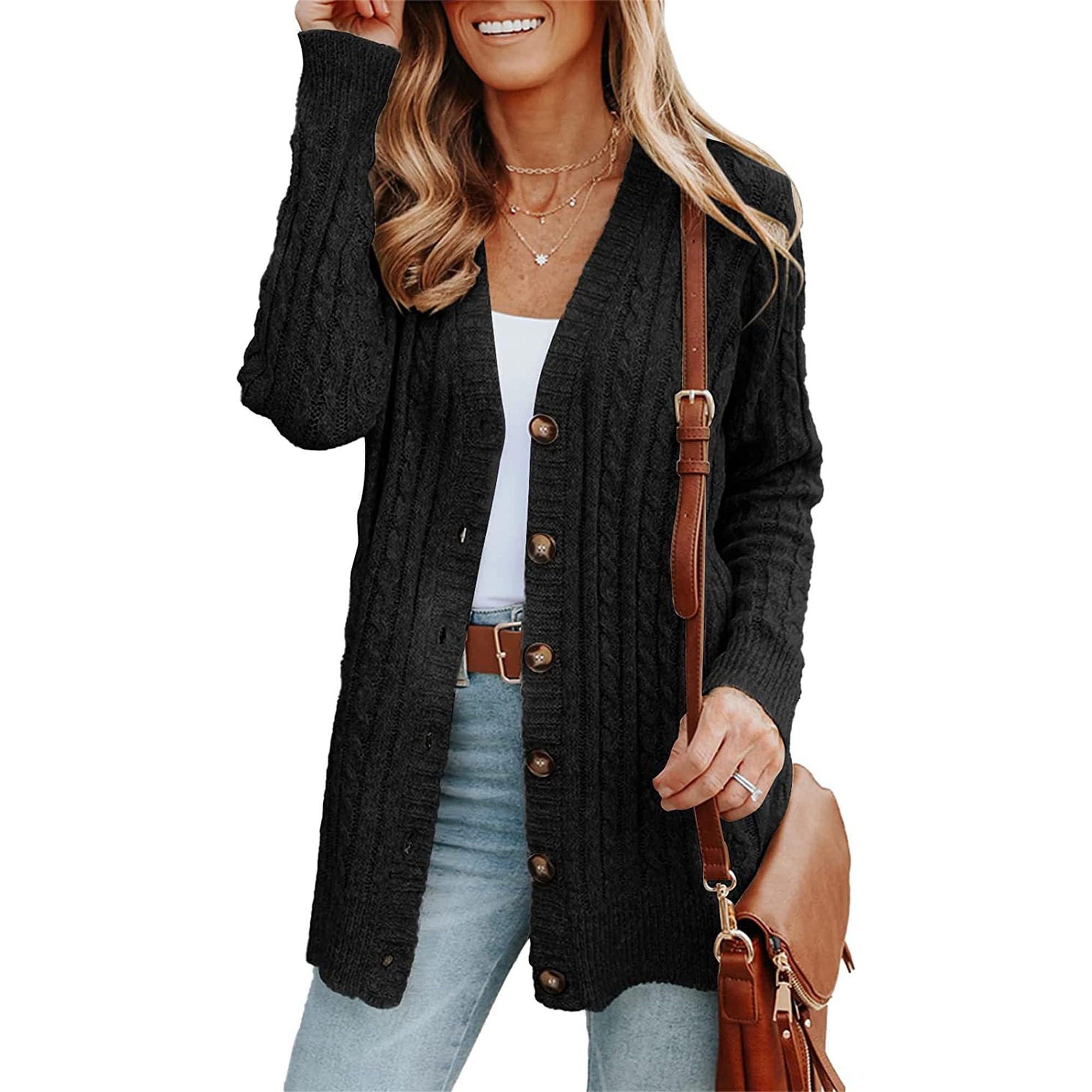 Women's Open Front Sweaters Cardigan Fall Fashion Button Down Cable Knit Chunky Winter Long Sleeve Outerwear Coats (XX-Large,Black)