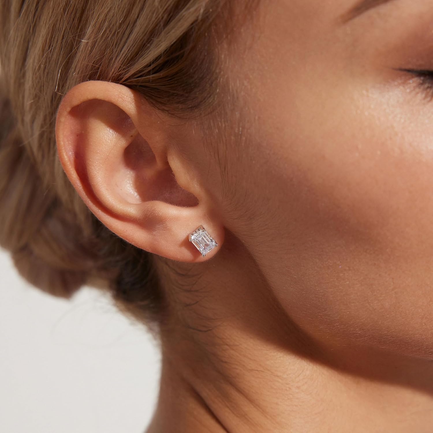 18K White Gold Plated Sterling Silver Emerald Cut Cubic Zirconia Stud Earrings Clear CZ Diamond Stud Earrings for Women Men Hypoallergenic - Image 3
