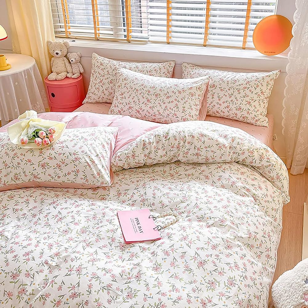 Bildenly Floral Duvet Cover Set Queen Size - White Pink Flower Botanical Bedding With 2 Pillowcases - View #2