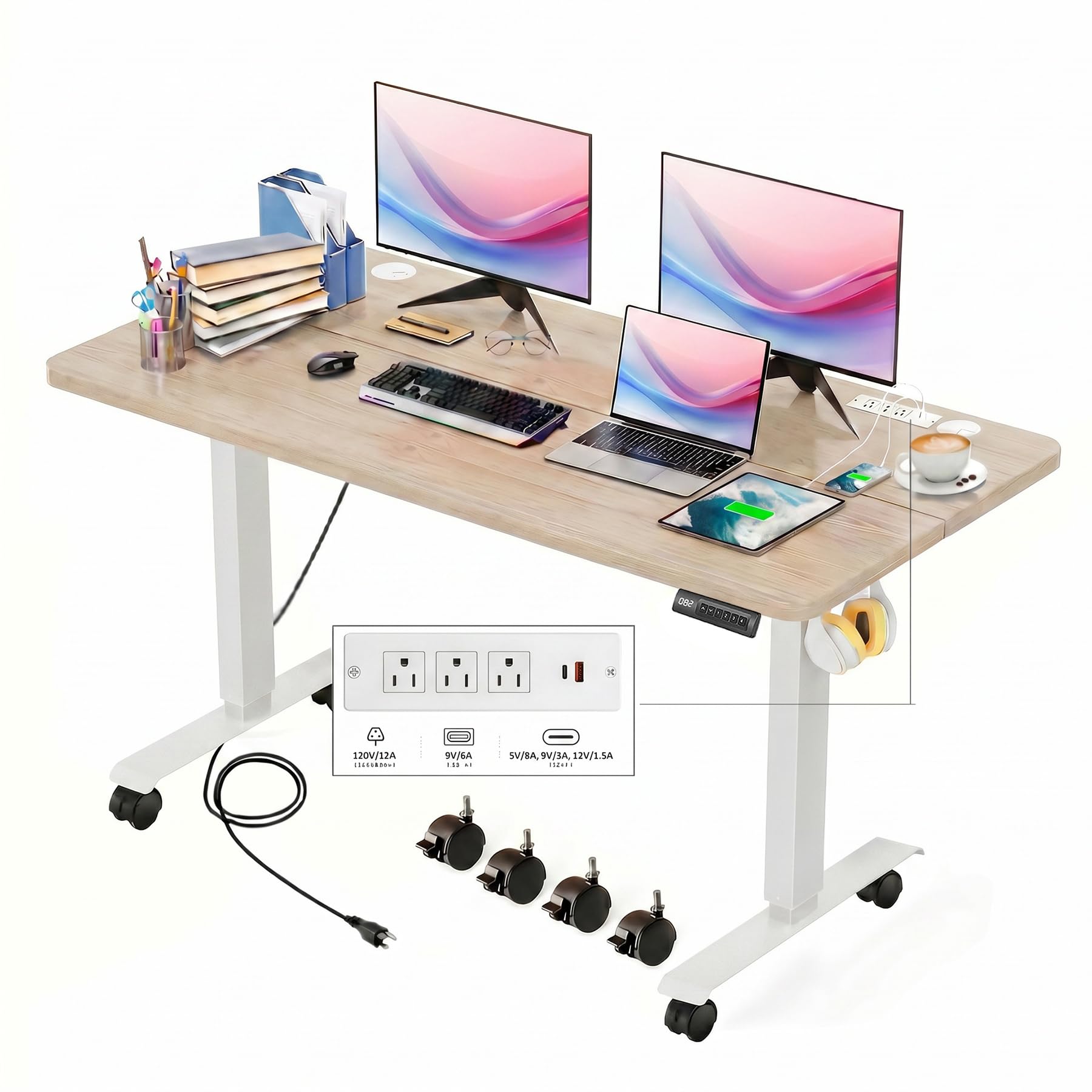 Bureau debout électrique 122 x 61 cm chêne assis debout avec prises de courant